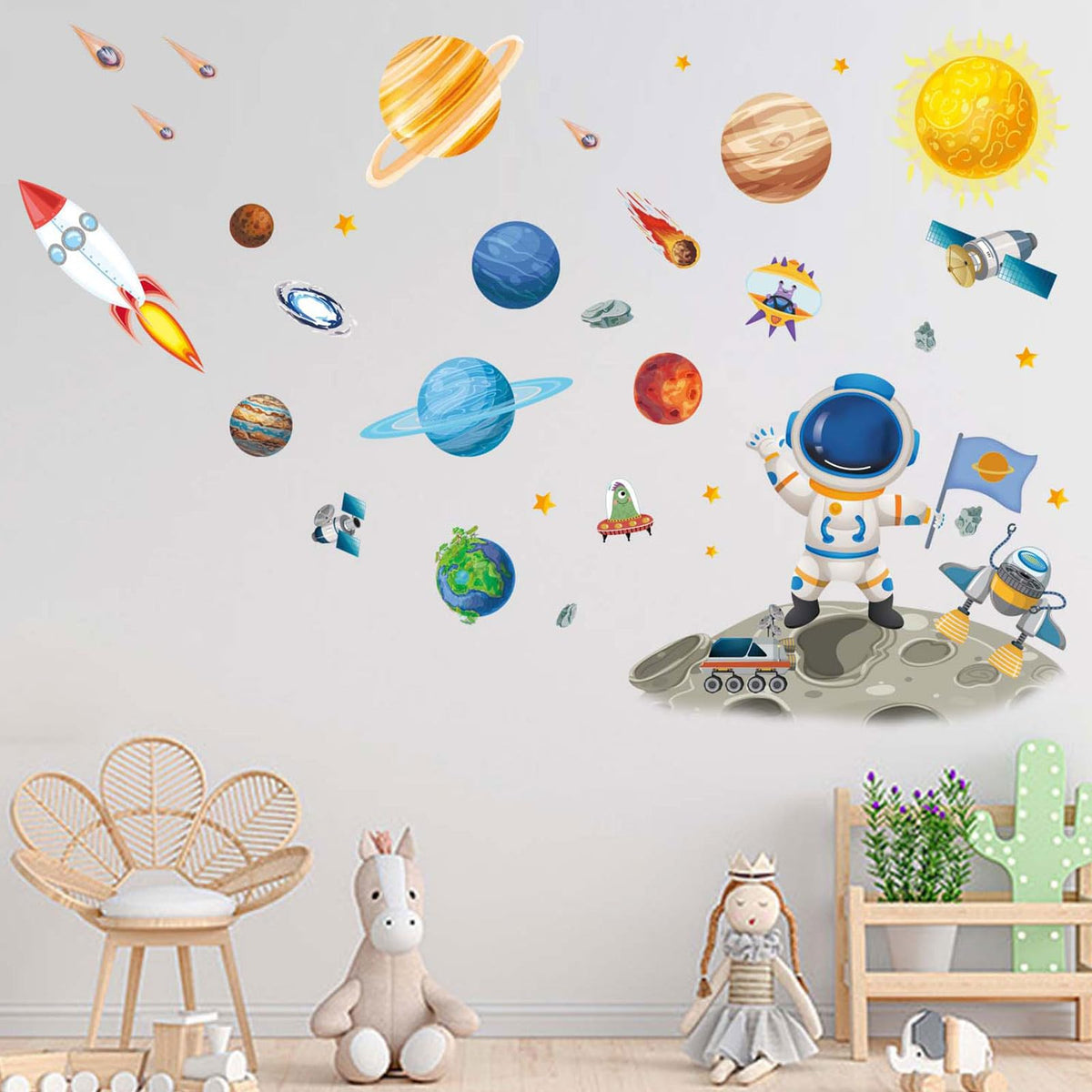 Amimagen Outer Space Astronaut Wall Stickers - Planets Rocket Boys Wall Decals - Baby Nursery Kids Room Daycare Playroom Classroom Wall Decor