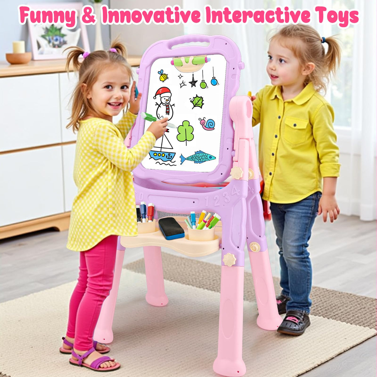 Kids Double Sided Art Easel for Toddlers Magnetic White Board Chalk Board with Painting Accessories Adjustable Stand Drawing Educational Learning Toys - Age 3 4 5 Year Old Girl Birthday Gifts Pink