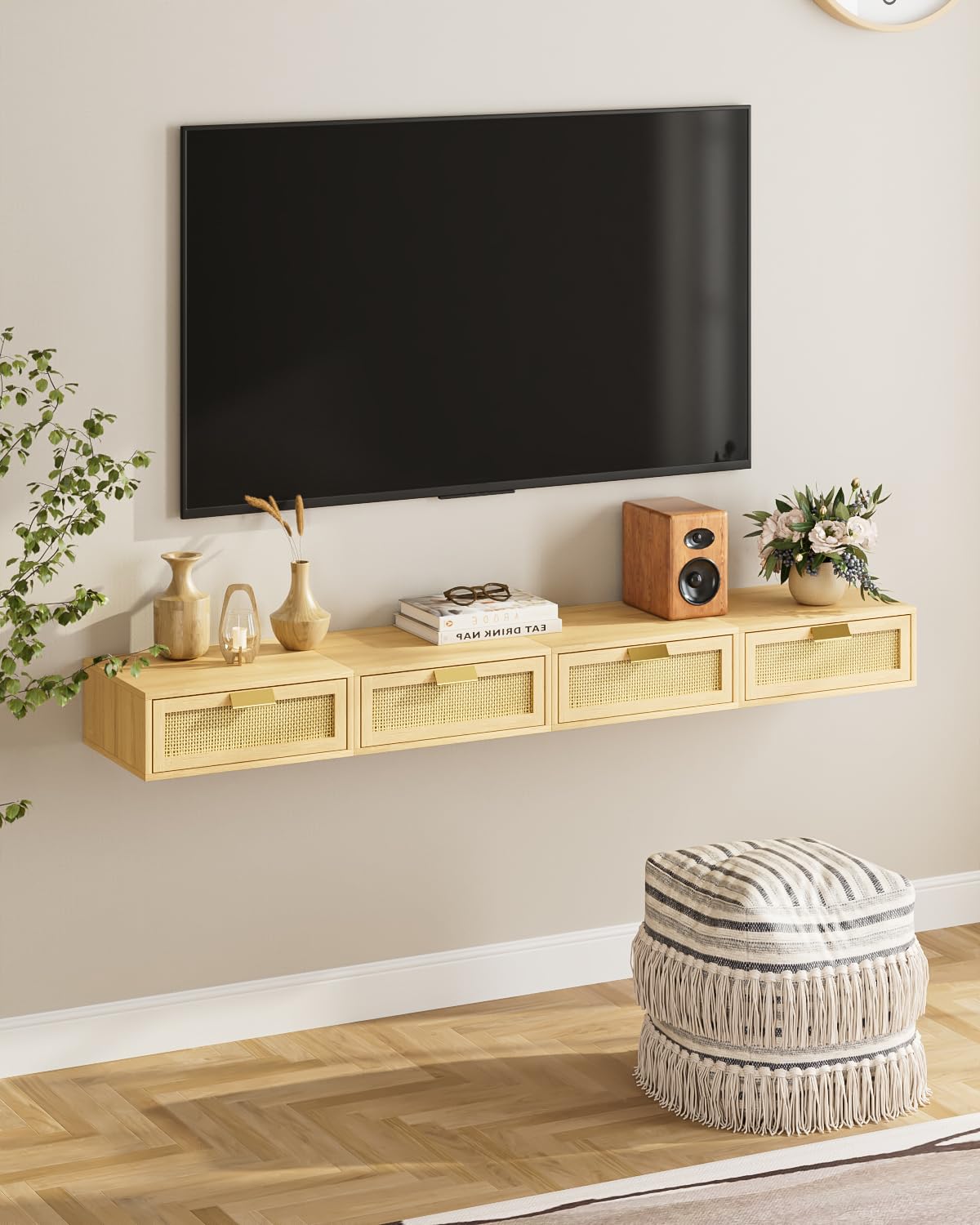 Aienvey Floating Nightstand, Floating Shelf with Drawer, Wall Mounted Nightstand, Floating Bedside Table (Oak Rattan)
