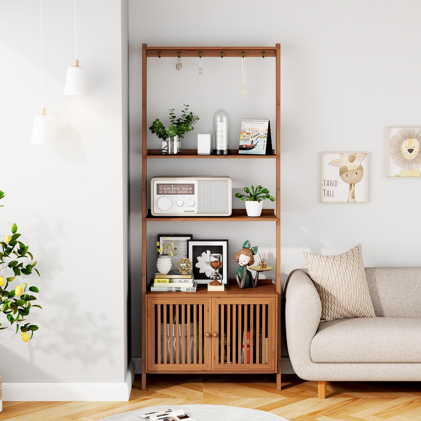 Bookcase with Drawers, 4-Tier Bamboo Bookshelf Ladder Shelf with 6 Hooks, Tall Narrow Retro Book Shelf, 24.8"L x 10.6"W x 59.5"H, Standing Storage Organizer for Living Room, Office, Bedroom, Walnut