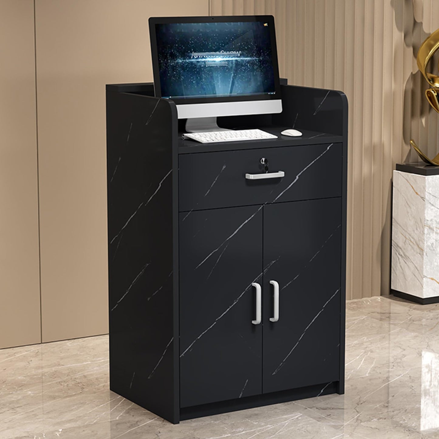 Modern Reception Desk with Lockable Drawers & Storage Cupboard, Reception Counter Desk - Modern Cashier Front Office Display Table for Retail Stores, Checkout Hostess Stand with Lockable Dra