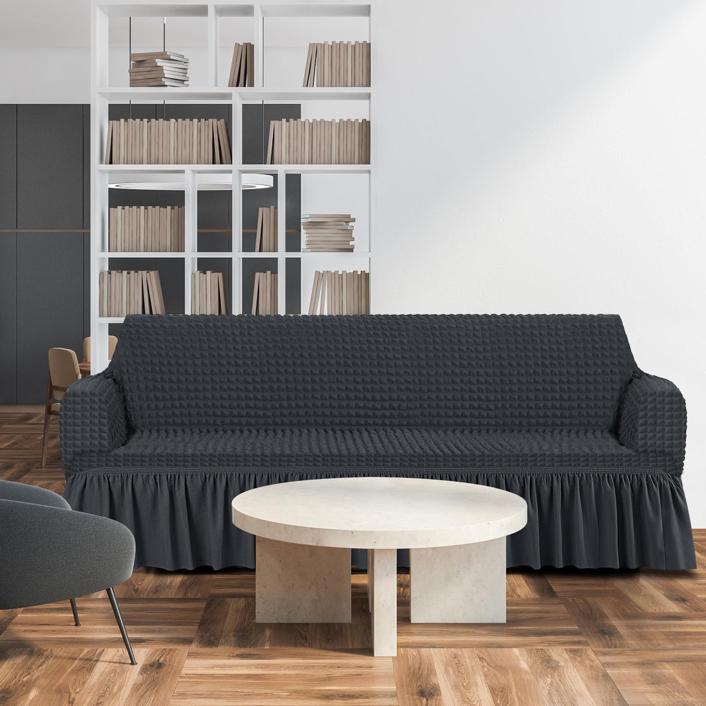 Fanfanwin 3 Pcs Sofa Slipcover Set for Couch Cushion Durable Washable High Elastic Stretchable Furniture Couch Covers with Skirt for Sofa Loveseat Arm Chair(Dark Gray,Seersucker)