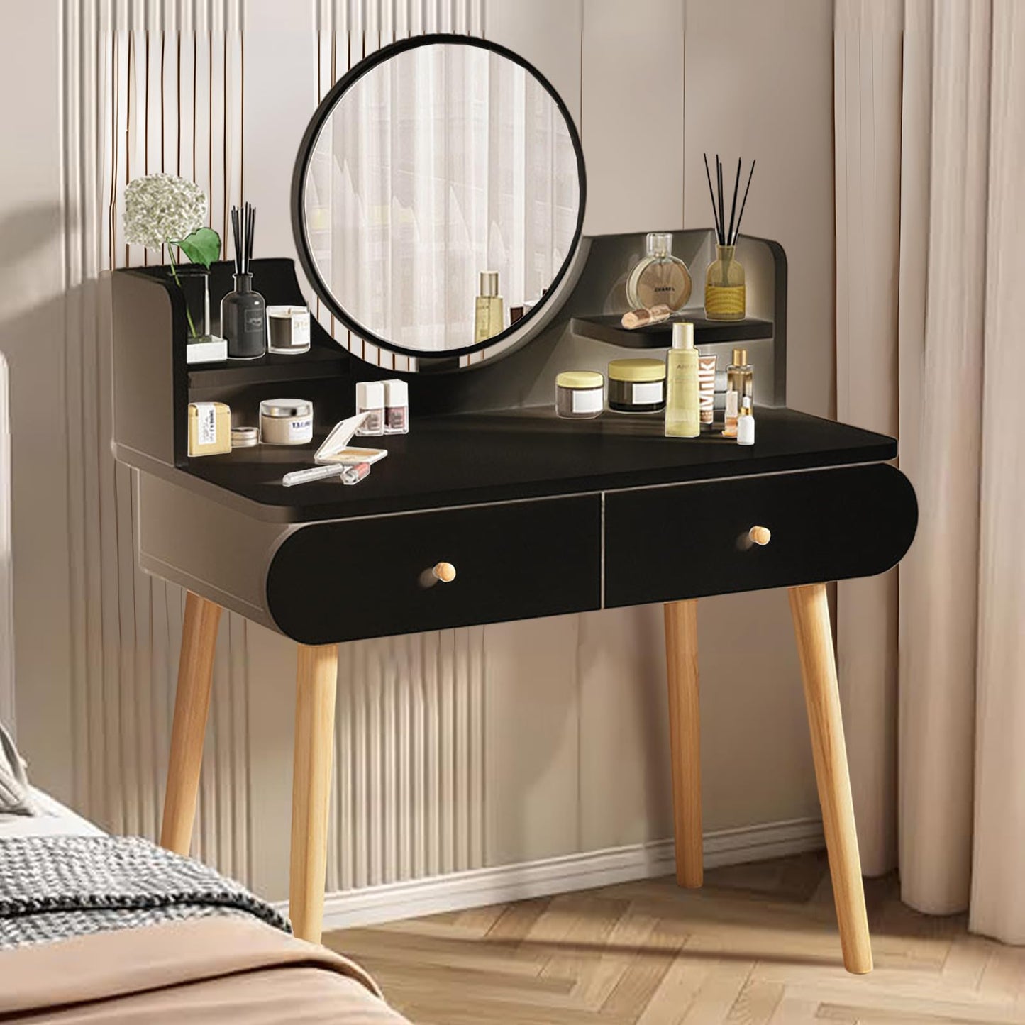 YEYGRIEM Makeup Vanity Table Set with Mirror, Medium Density Fiberboard Modern Makeup Vanity Dressing Desk with 2 Drawers and 2 Shelves, 31.5"(L)*15.7"(W)*47.2"(H), Black (Without Stool)