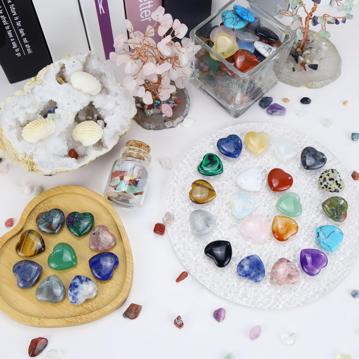 NUKAYAI 40 PCS Healing Crystals Mother Gemstones Love Heart Shaped Trinket Rose Quartz Amethyst Set Wholesale Worry Stone Reiki Healing Crystal Cute Bulk Meditation Mother's Day Gifts for Women