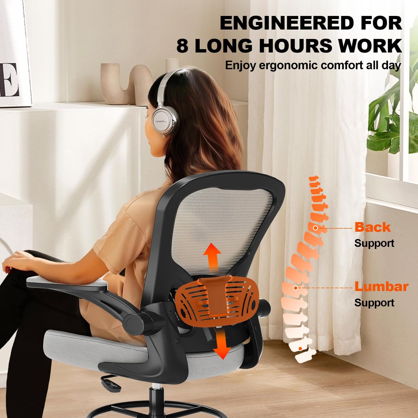 Ergonomic Drafting Chair, Tall Office Chair with Flip-up Armrests, Breathable Mesh High Desk Chair with Lumbar Support Adjustable Footrest Ring for Standing Desk Gray