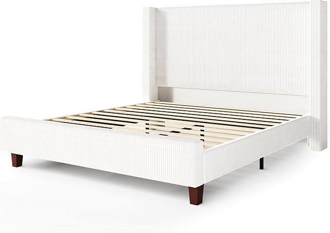 HOWE Queen Size Bed Frame with 50.8" Tall Wingback Headboard, Modern Corduroy