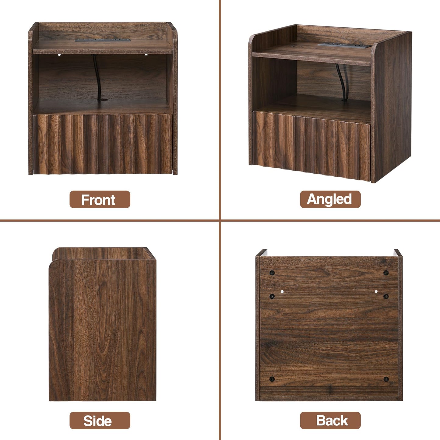 BuildHom Modern Fluted Floating Nightstand Wall Mounted - Bedside Table with Storage Drawer & Display Shelf, Minimalist Bedroom Furniture for Studio Apartments(Walnut)
