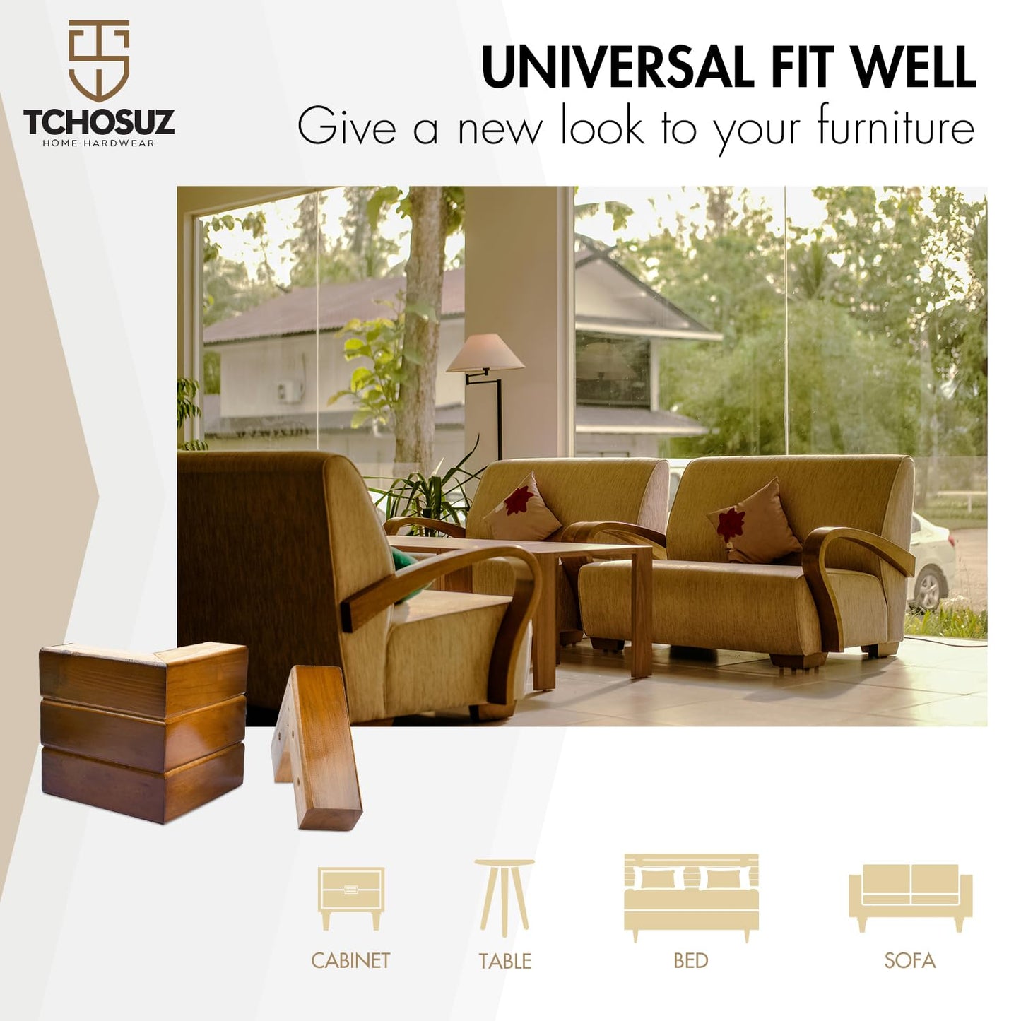 TCHOSUZ Solid Wood Furniture Legs, 4 Pack Walnut Corner Legs (2 Inch Height) - L-Shaped Bed Risers & Couch Feet for Sofa, Bed Frame, Cabinet, Dresser, TV Stand - DIY Wood Supports & Replacement Feet