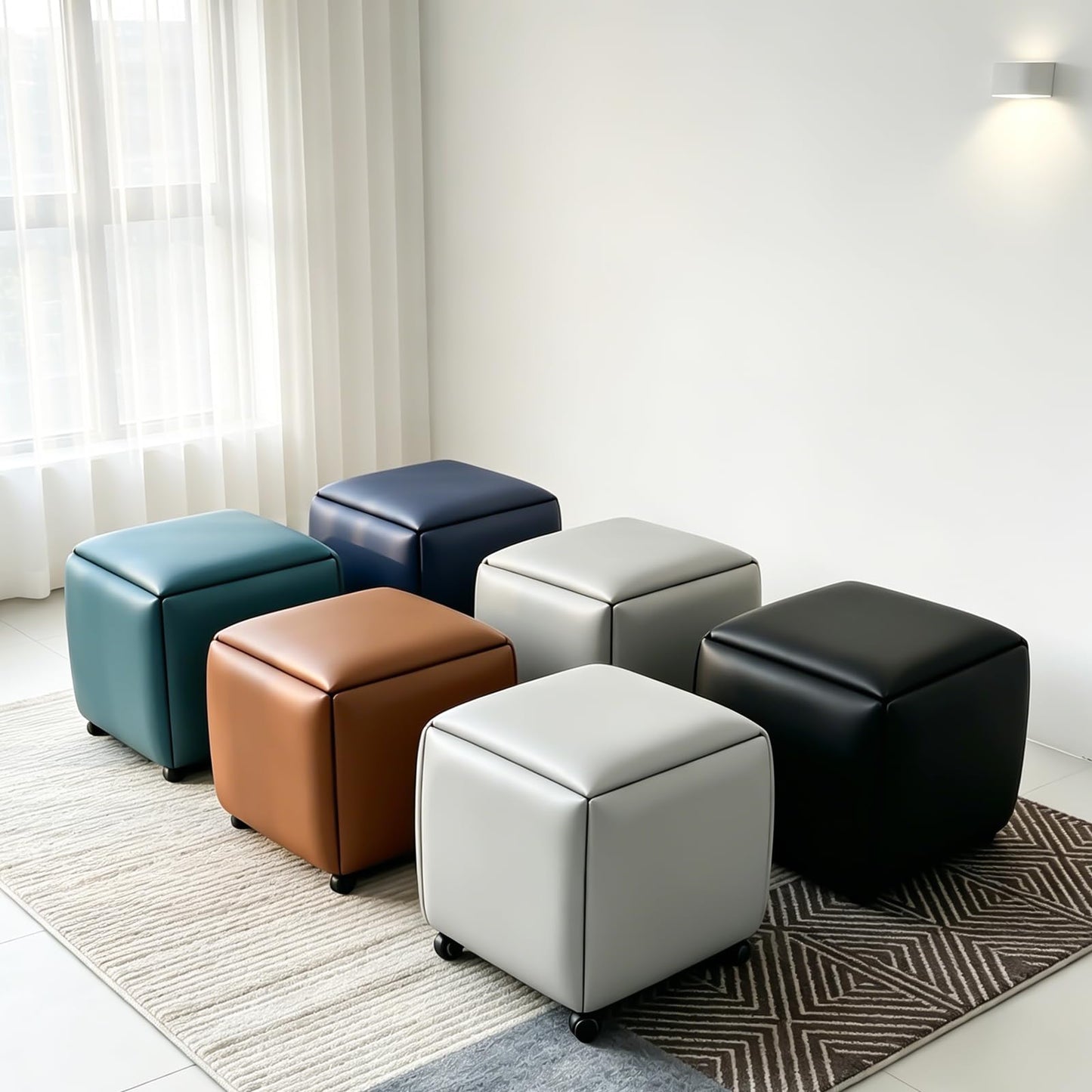 LUGSHIREE 5 in 1 Nesting Ottoman Cube Chair, Stackable Stools, Leather Square Ottoman Bench, Foot Stool with Wheels for Living Room,Dining Room 15.75x15.75x16.54 inches