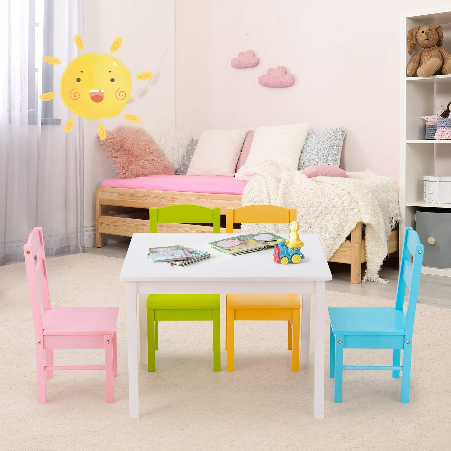 Costzon Kids Table and Chair Set, 5 Piece Wood Activity Table & Chairs for Children Arts, Crafts, Homework, Snack Time, Preschool Furniture, Gift for Boys Girls, Toddler Table and Chair Set (Pastel)
