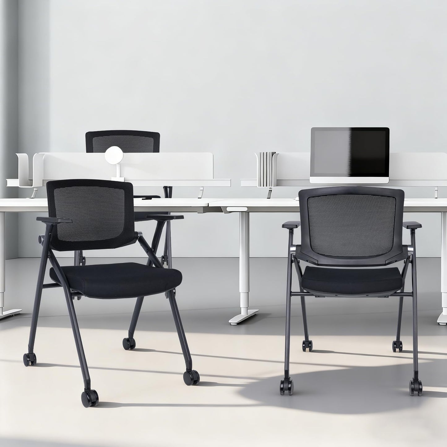 BROBRIYO Upgraded Folding Chair with Wheels and Padded, Ergonomic Mesh Back and Arms for Office, Meetings, Conferences, Receptions, Training Rooms & Folding Office Chairs