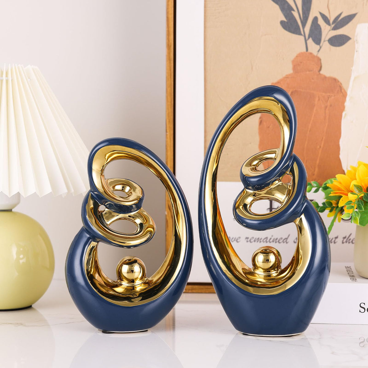 GAOSHENG Blue Gold Ceramic Abstract Sculpture, Modern Art Deco Statues With Gold Accents For Home, Tv Stand Decor Centerpieces