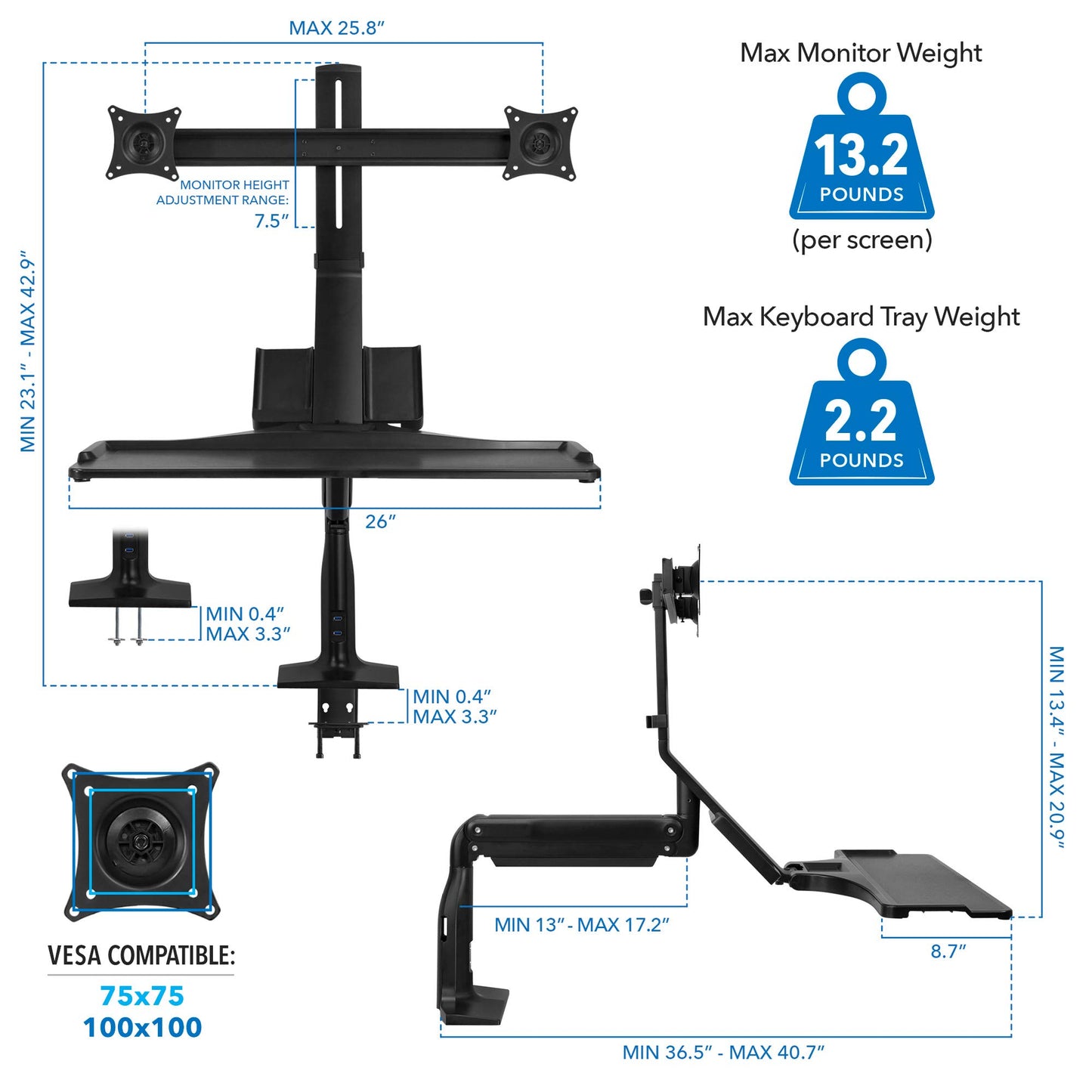 Mount-It! Dual Monitor Arm Desk Mount Sit-Stand Workstation with 2 USB 3.0 Ports, Height Adjustable 23.1–42.9”, Fits Two 17–27” Screens, 13.2 lbs Each, VESA 75x75 100x100, Clamp or Grommet