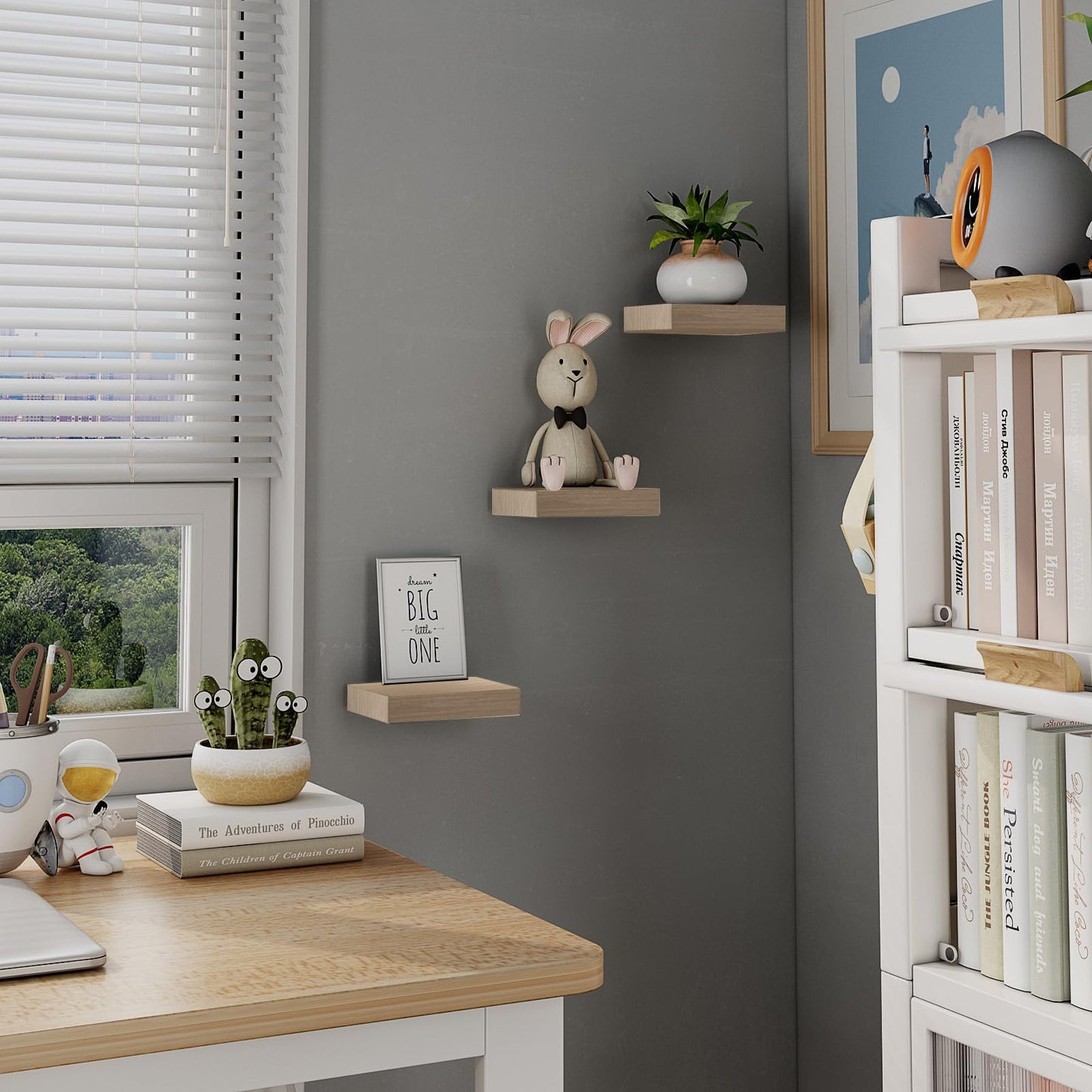 PopiShelves Small Floating Shelves for Wall - 6 Inch Mini Square Natural Wood Shelves for Bedroom, Living Room, Bathroom, Kitchen, Office Decor Set of 3