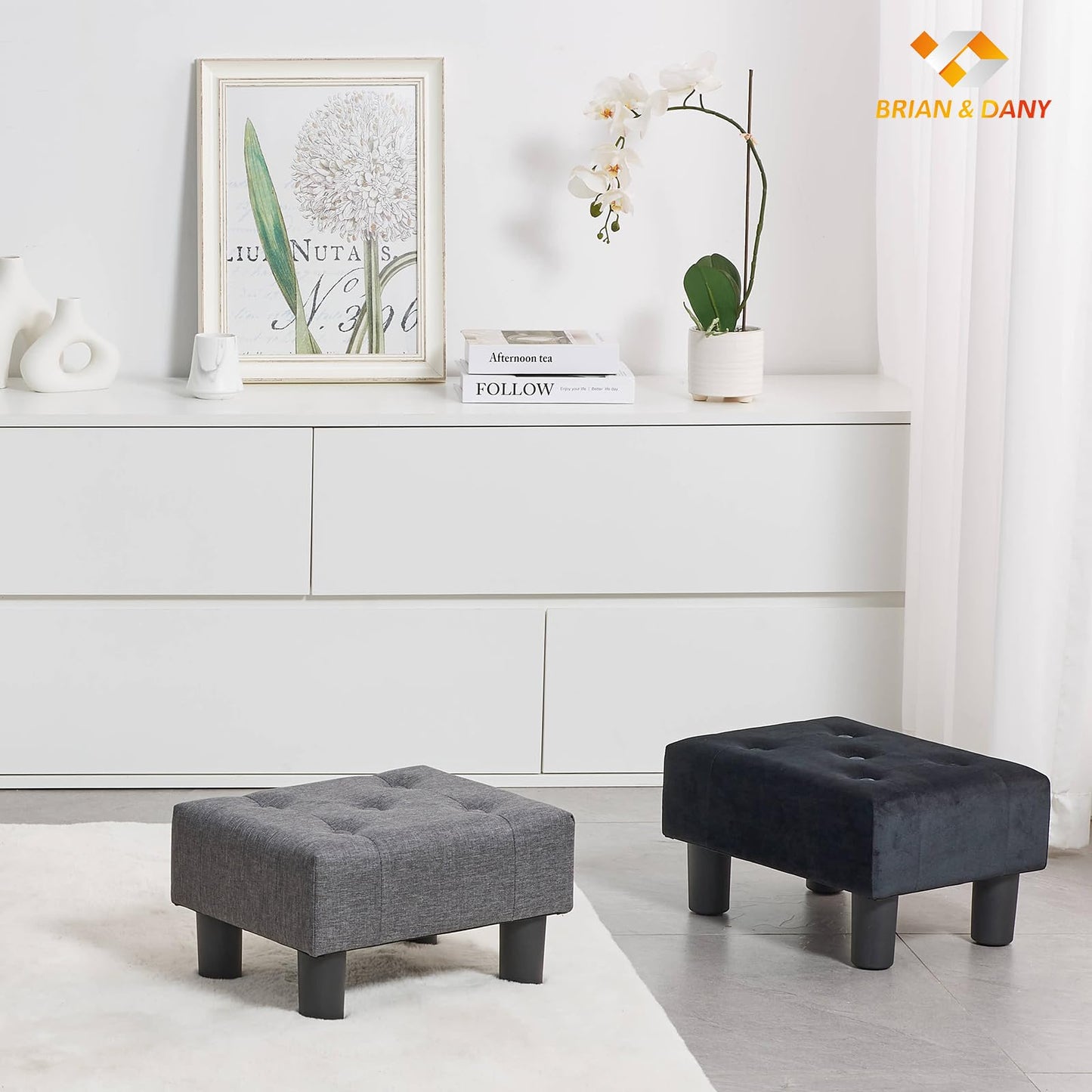 BRIAN & DANY Small Foot Stool, Velvet Foot Stools with Legs, Stable Small Footstool for Living Room, Black