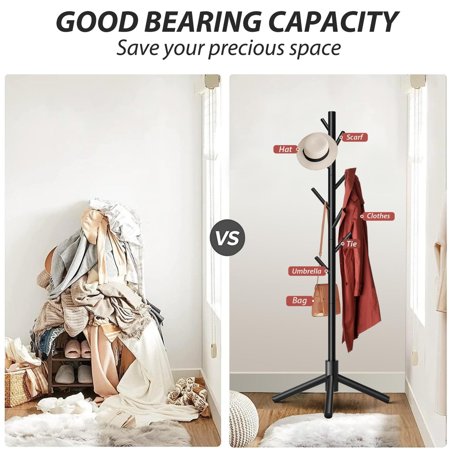 Unisakey Durable Wooden Coat Rack, Freestanding Coat Rack with Stable Triangular Base, 8 Hooks & 3 Adjustable Heights, Simple Assembly for Bedroom, Hallway, Office(New Black)
