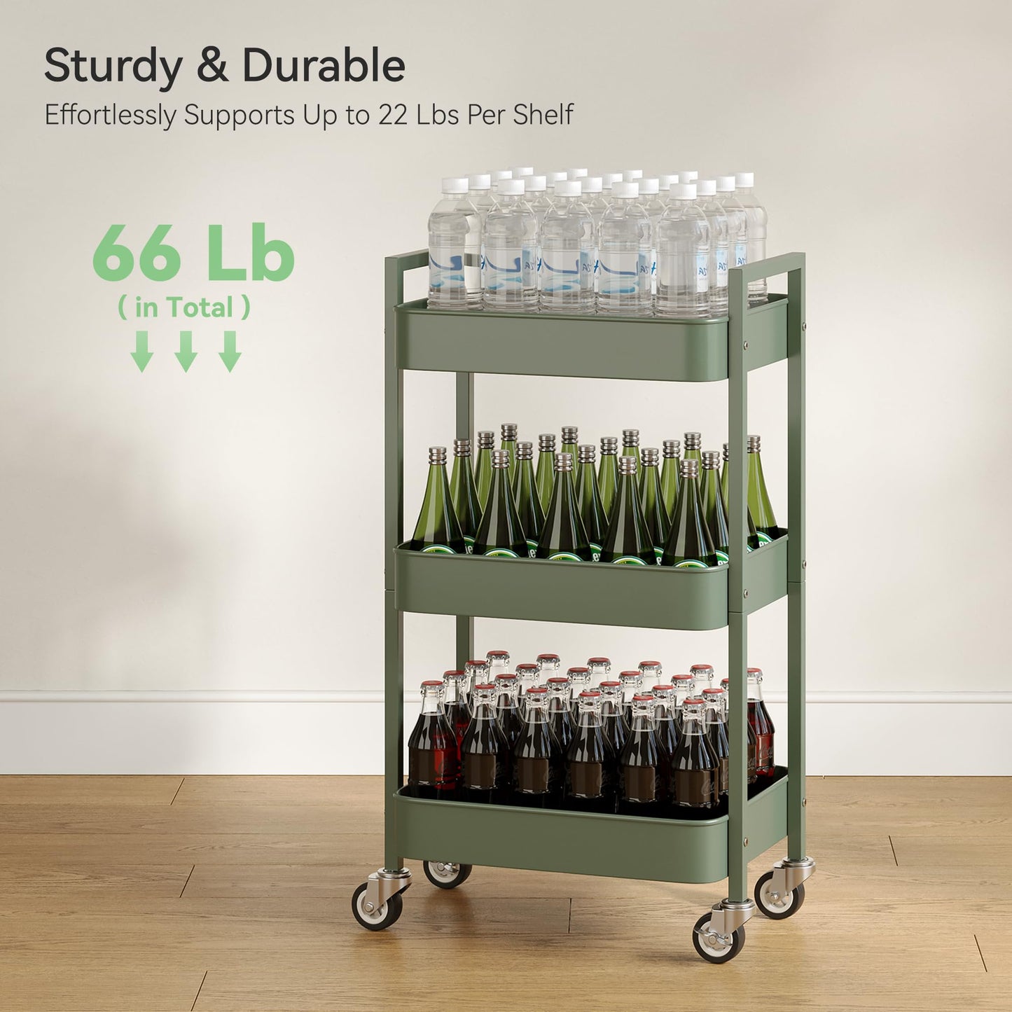 Nunsino 3 Tier Rolling Cart,Utility Cart with Locking Wheels, Hanging Cups,&Hooks, Heavy Duty Metal Storage Organizer Cart for Kitchen,Office, Bathroom,Craft Room,Green