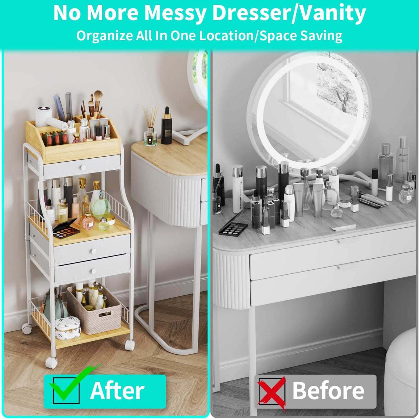 HapiRm Floor Makeup Organizer Cart - Vanity Skincare Beauty Organizers Makeup Storage with Drawers, Cosmetics Display Cases Holder Nail Cart for Hair Accessories Polish Perfume Make up Brush