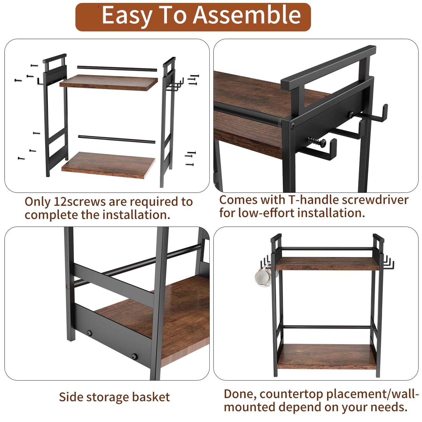 KLM 2 Tier Coffee Bar Organizer for Home Office, Spice Rack for Countertop, Kitchen Counter Storage Shelf with Hanging Basket, Coffee and Tea Condiment Station Organizer