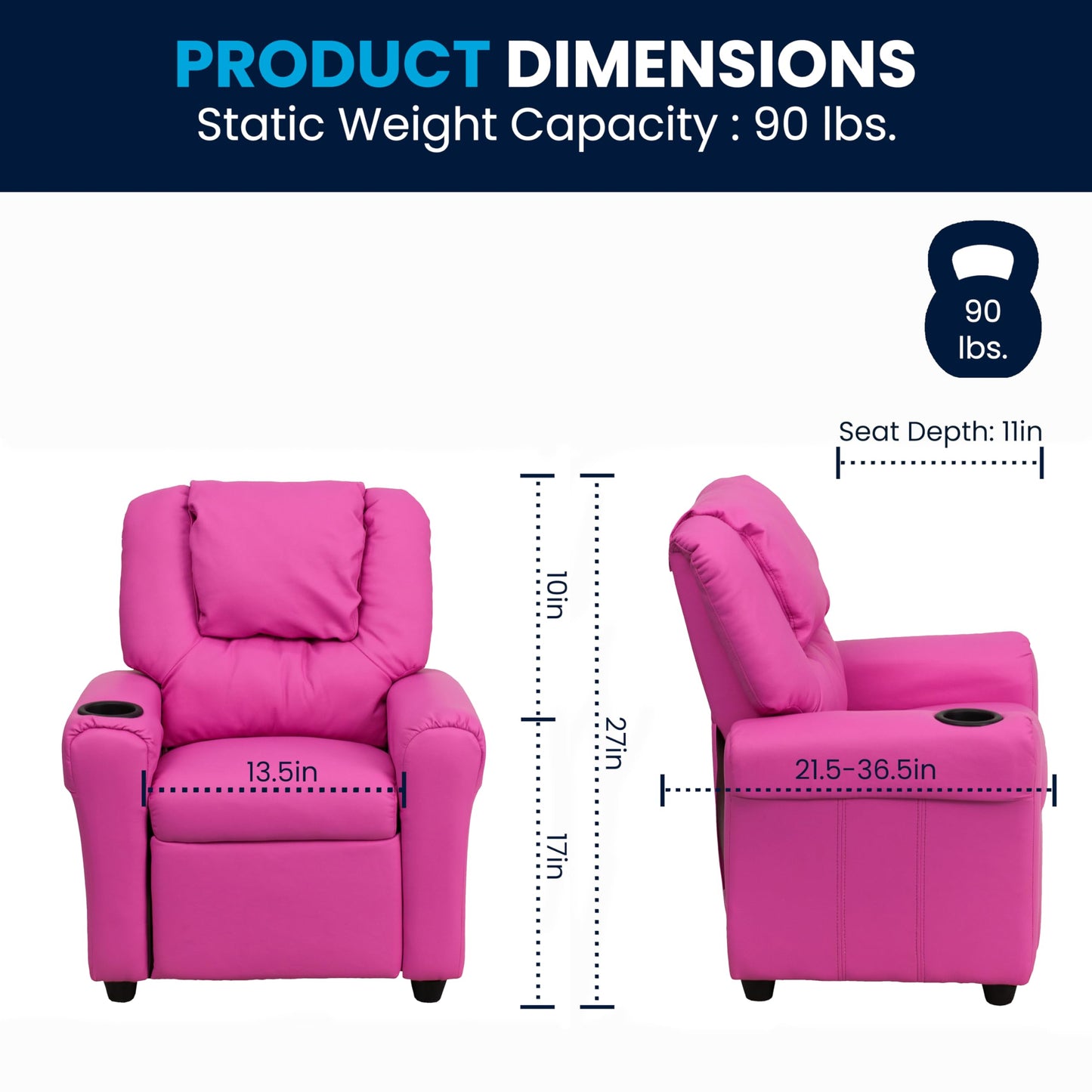 Flash Furniture Vana Vinyl Kids Recliner with Cup Holder, Headrest, and Safety Recline, Contemporary Reclining Chair for Kids, Supports up to 90 lbs., Hot Pink
