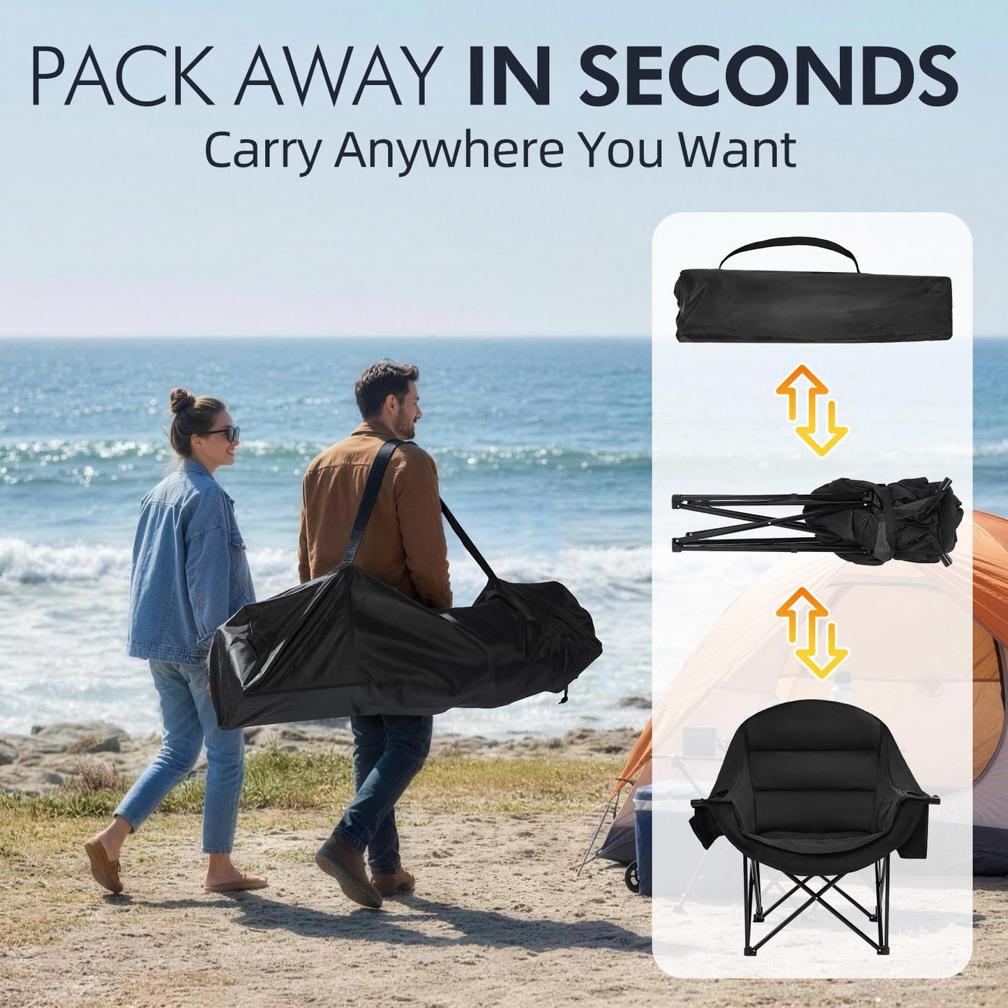 Oversized Camping Chair for Adults - Heavy Duty Outdoor Padded Large Lawn Camp Chair with Cup Holder Cooler Pockets for Sports Beach Fishing Garden Portable Supports 500lbs, AllBlack 2 Pack