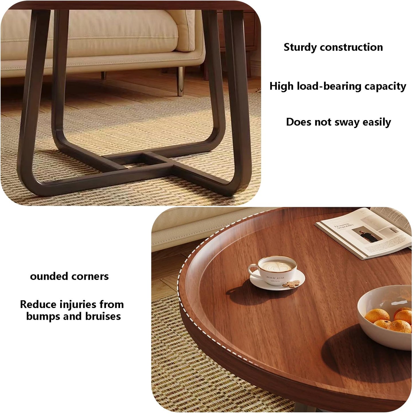 GTIWROTN Small Round Coffee Table, Wooden Surface Top & Sturdy Metal Legs Coffee Table with Fluted, End Table for Living Room Bedroom Office Balcony Yard (Walnut, 20 inches)