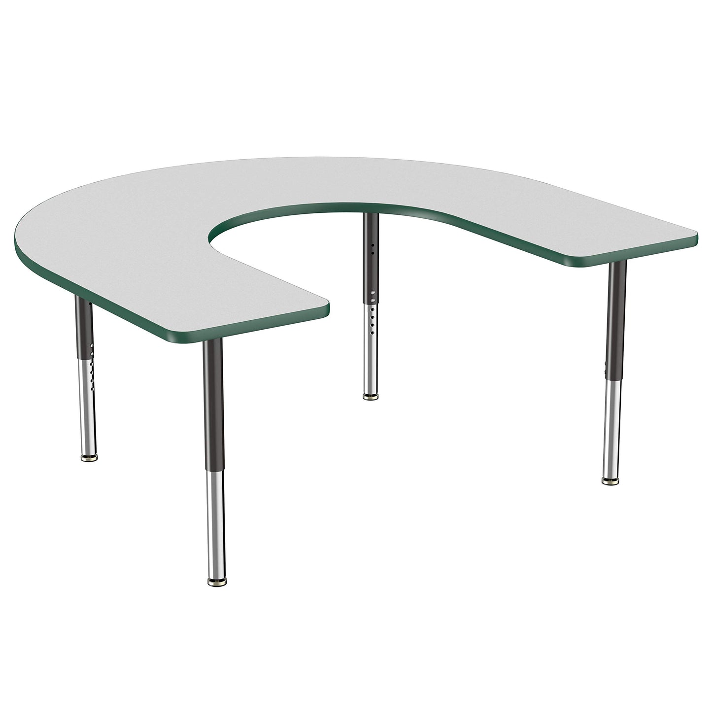FDP Mobile Horseshoe Activity School and Office Table (60 x 66 inch), Super Legs with Glides and Casters for Collaborative Environments, Adjustable Height 19-30 inches - Gray Top and Green Edge