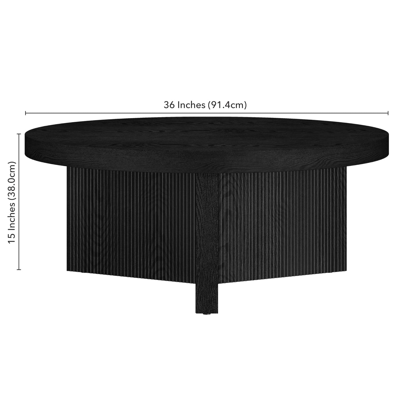 Henn&Hart 36" Fluted Round Low-Profile Coffee Table with Ribbed Pedestal Base for Living Room, Family Room, or Office, Natural Black