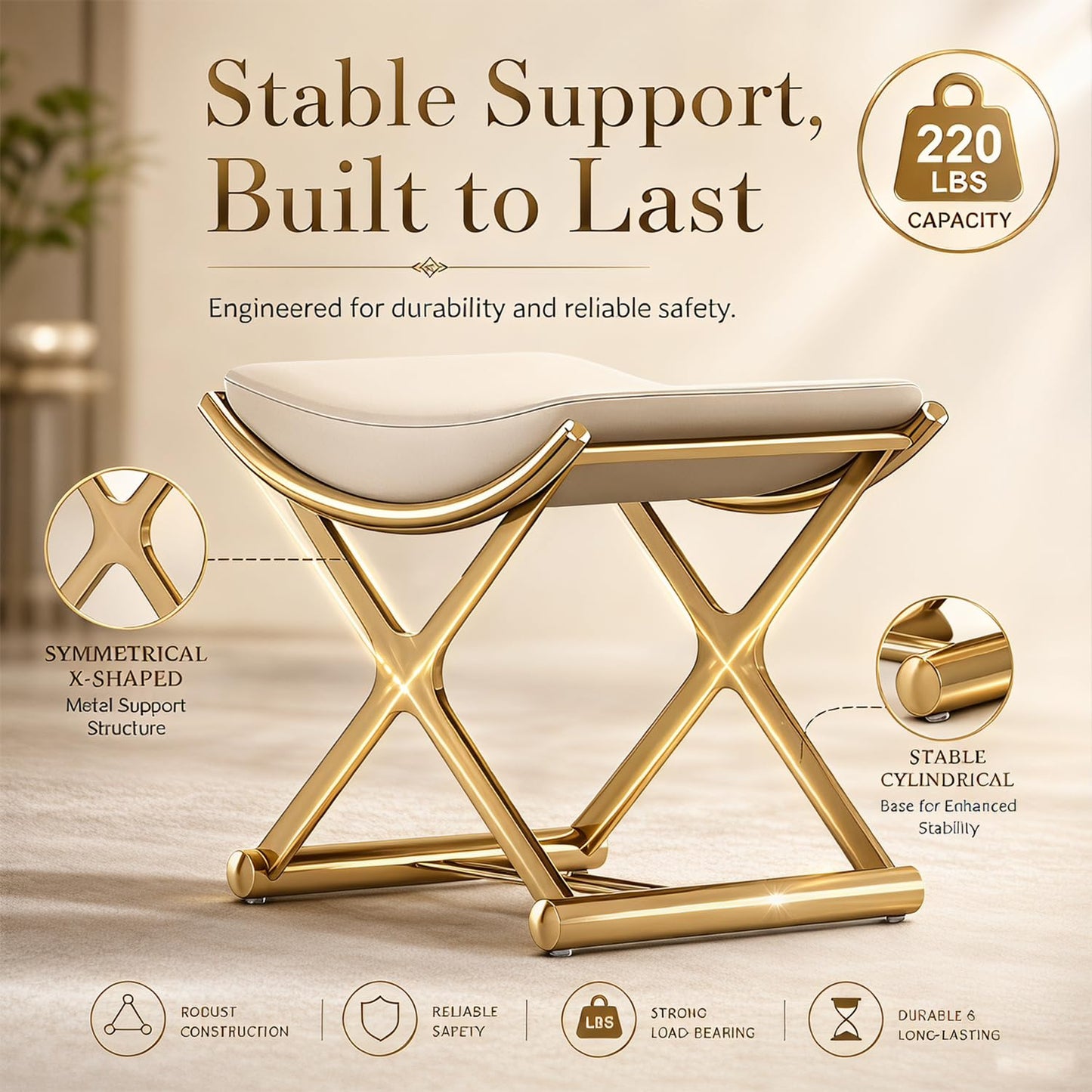 KUCKGO Modern Bathroom Vanity Stool Makeup Chair - Backless Leather Vanity Bench Seat with Metal X Legs, Small Ottoman Footstool for, Bedroom, Living Room, Dressing Room, Gold