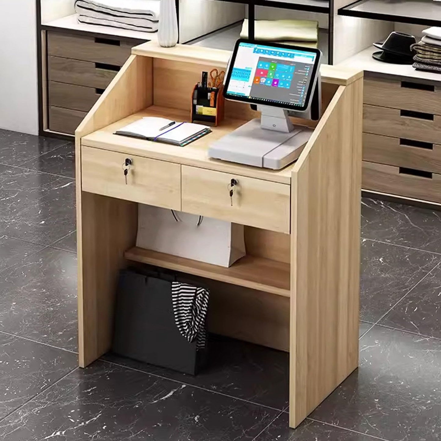 Reception Desk for Spaces with Lockable Drawer, Compact Office Counter Desk Counter Modern Front Lockable Drawers,Lockable Receptionist Desk with Drawer | Front Reception Counter Table for O