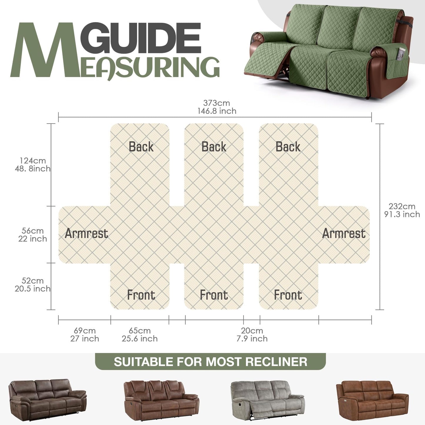 KinCam Waterproof Recliner Sofa Cover, Non-Slip Reclining Couch Covers for 3 Seat, Recliner Couch Cover Furniture Protector with Elastic Straps for Pets, Kids, Cactus Green