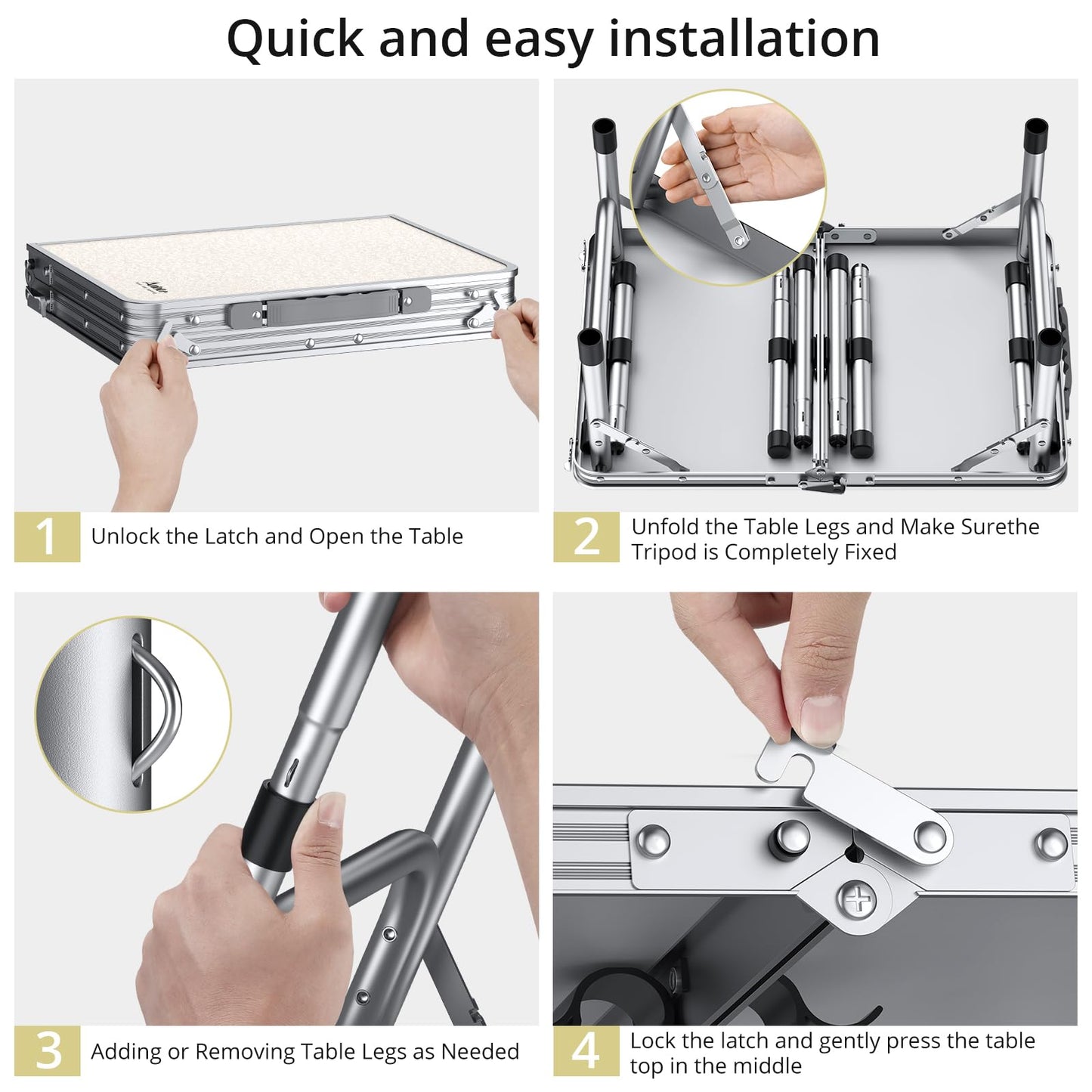 Anbte Folding Camping Table, Aluminum 24" x 16" Adjustable Height Small Folding Table with Carrying Handle, Lightweight, Portable Camping Table Waterproof for Outdoor Indoor Picnic Beach BBQ, Silver