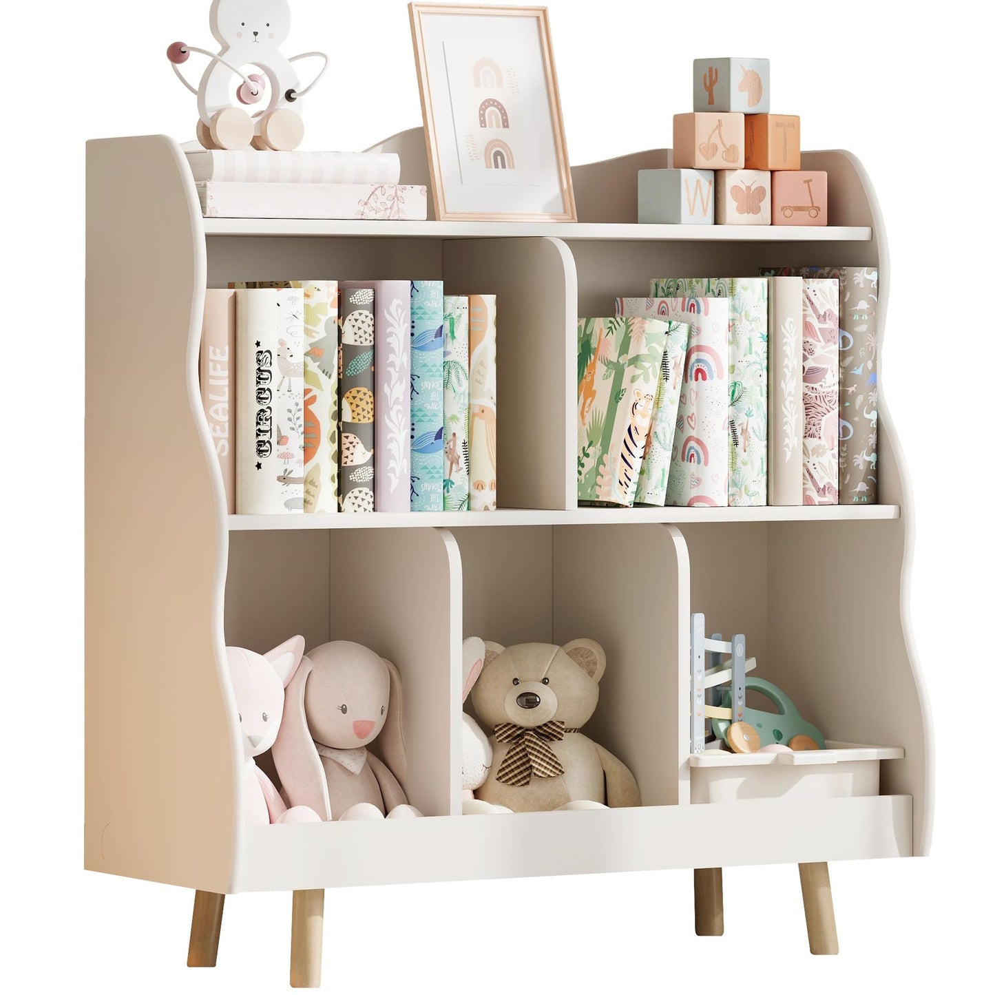 Treocho Kids Bookshelf and Toy Storage Orangizer, 3-Tier Wooden Children's Bookcase with Curve Design, 5 Cubbies Toy Storage Cabinet Display with Legs for Children's Room, Playroom, School, White