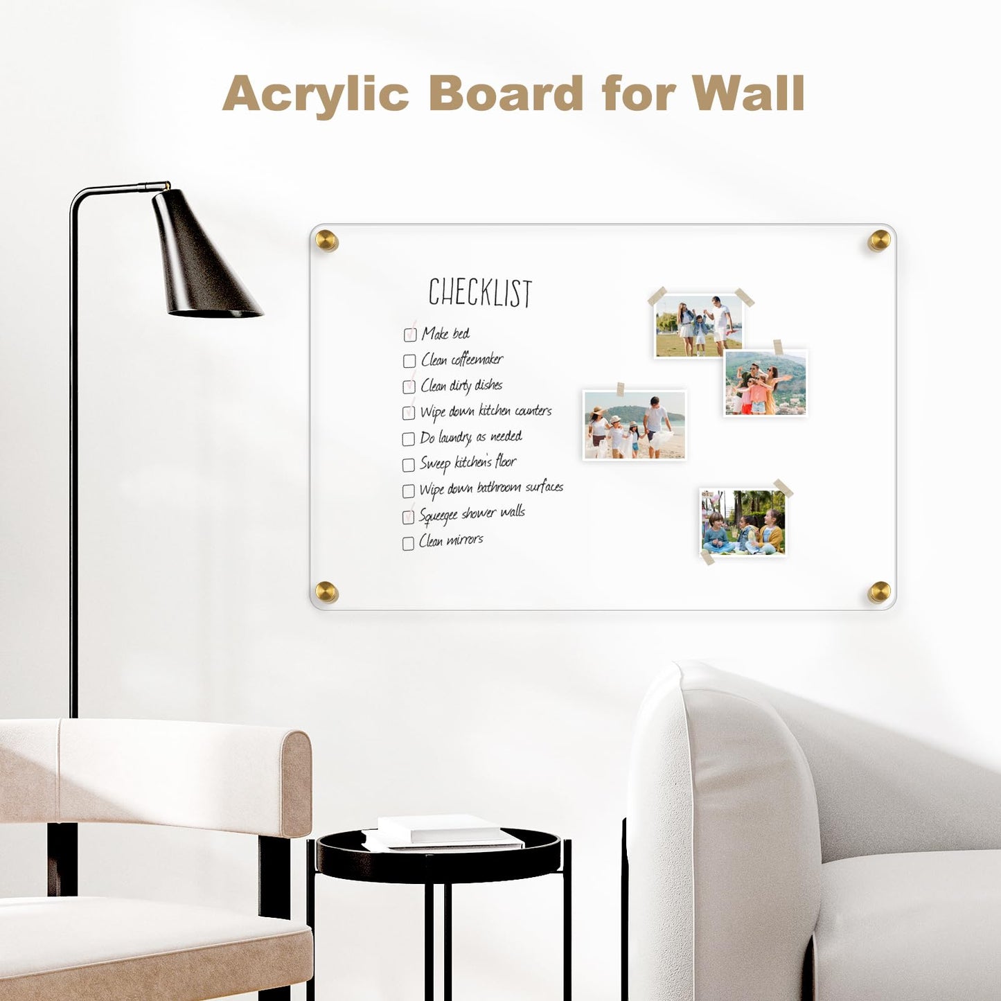 AMUSIGHT Large Clear Acrylic Dry Erase Board, 36" X 24" Golden Non-Magnetic Frameless Clear White Board for Wall, Erasable Acrylic Board for Wall, Home, Office, School, 2 Markers