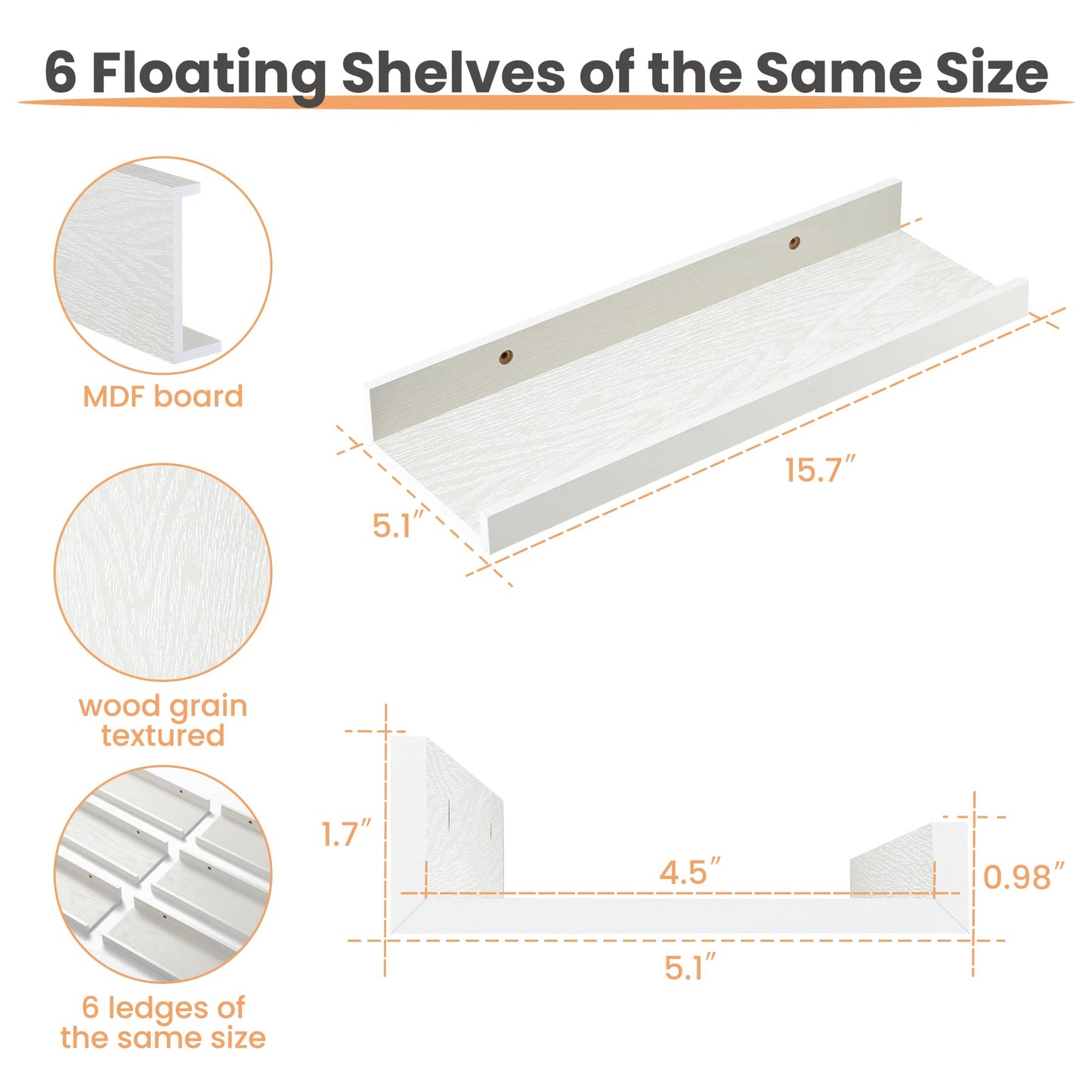 upsimples Floating Shelves for Wall, Wall Shelves for Decor Storage Set of 6, Wall Mounted Wood Shelf for Bedroom, Living Room, Bathroom, Kitchen, Picture Ledge Shelf, White