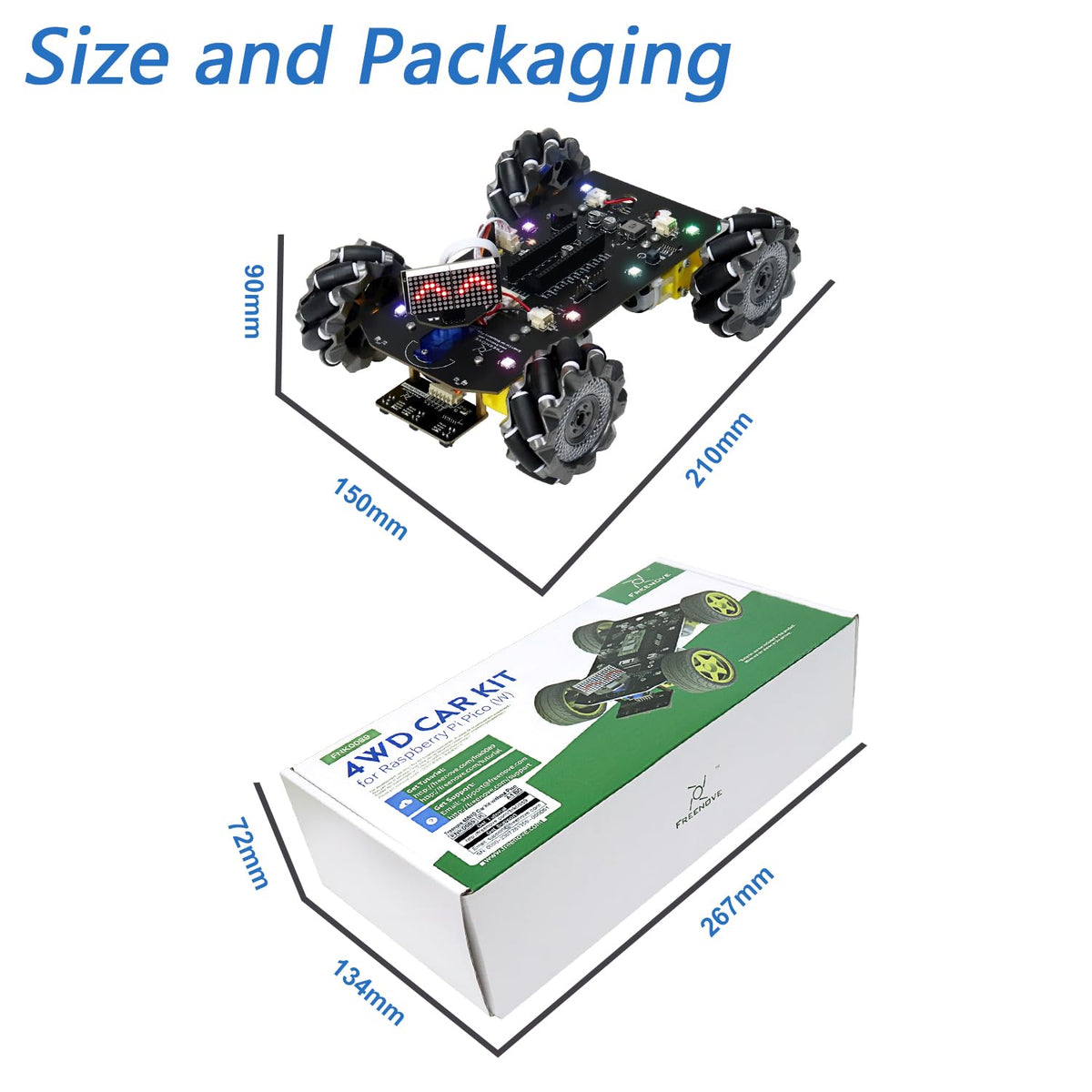 Freenove Mecanum Wheel Car Kit for Raspberry Pi Pico (Not Included) (Compatible with Arduino IDE), Dot Matrix Expressions, Obstacle Avoidance, Line Tracking, Light Tracing, Colorful Light, App