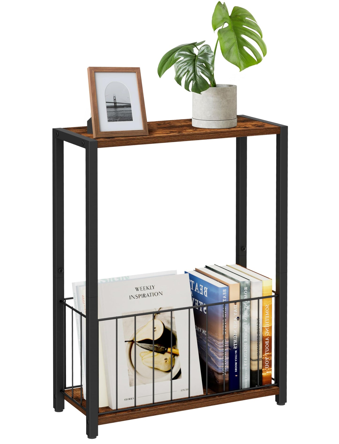 Homleke Narrow Side Table with Magazine Holder, Skinny End Table Perfect for Small Spaces, Space-Saving Design for Living Room, Bedroom, or Office, 7.1" D x 16.9" W x 23.6" H, Rustic Brown