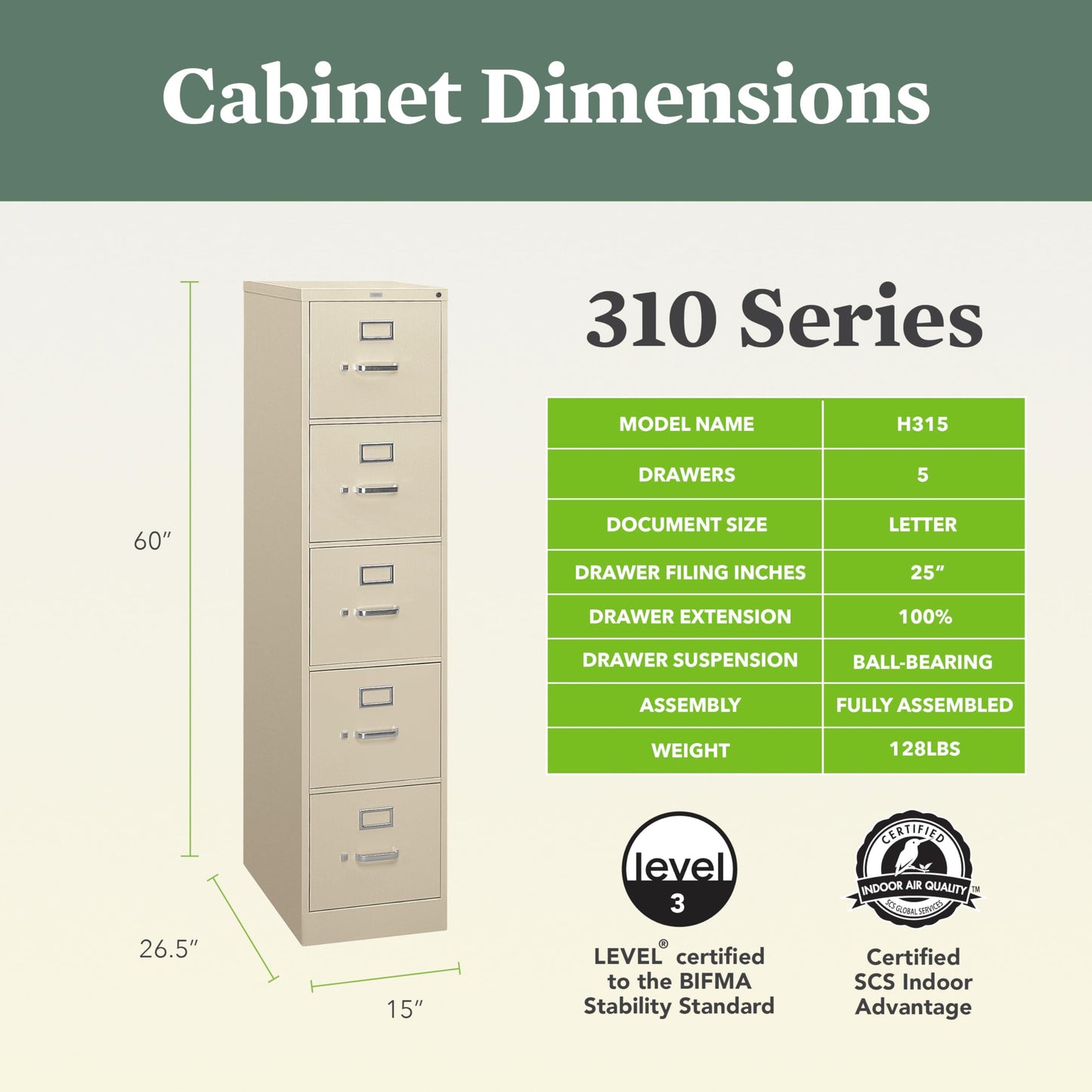 HON 5 Drawer Vertical File Cabinet with Lock, Metal Filing Cabinets with 5 Drawer Letter File for Offices, Hanging Files, and Vertical Letters, 26.5" Deep, Putty