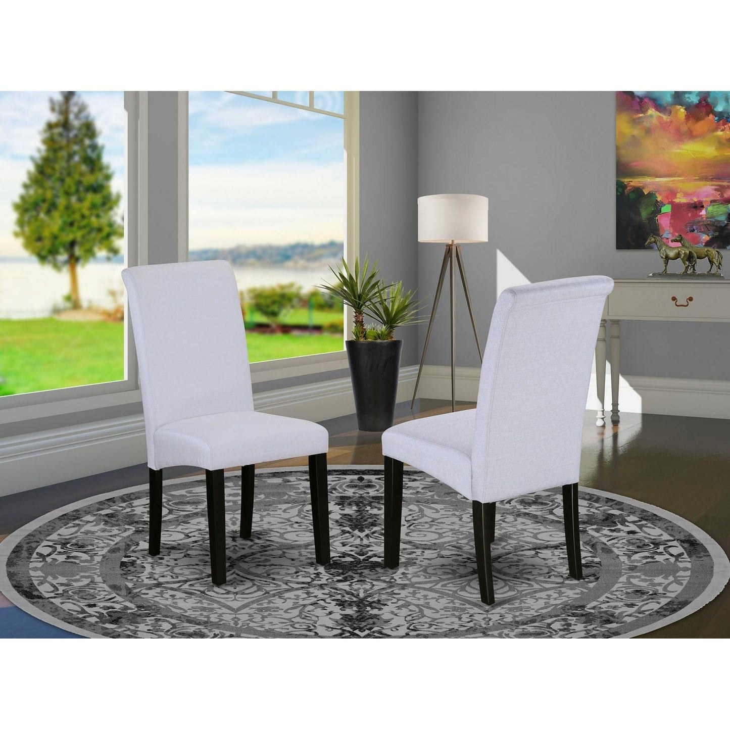 East West Furniture BAP1T05 Barry Parsons Dining Chairs - Grey Linen Fabric Padded Chairs, Set of 2, Black