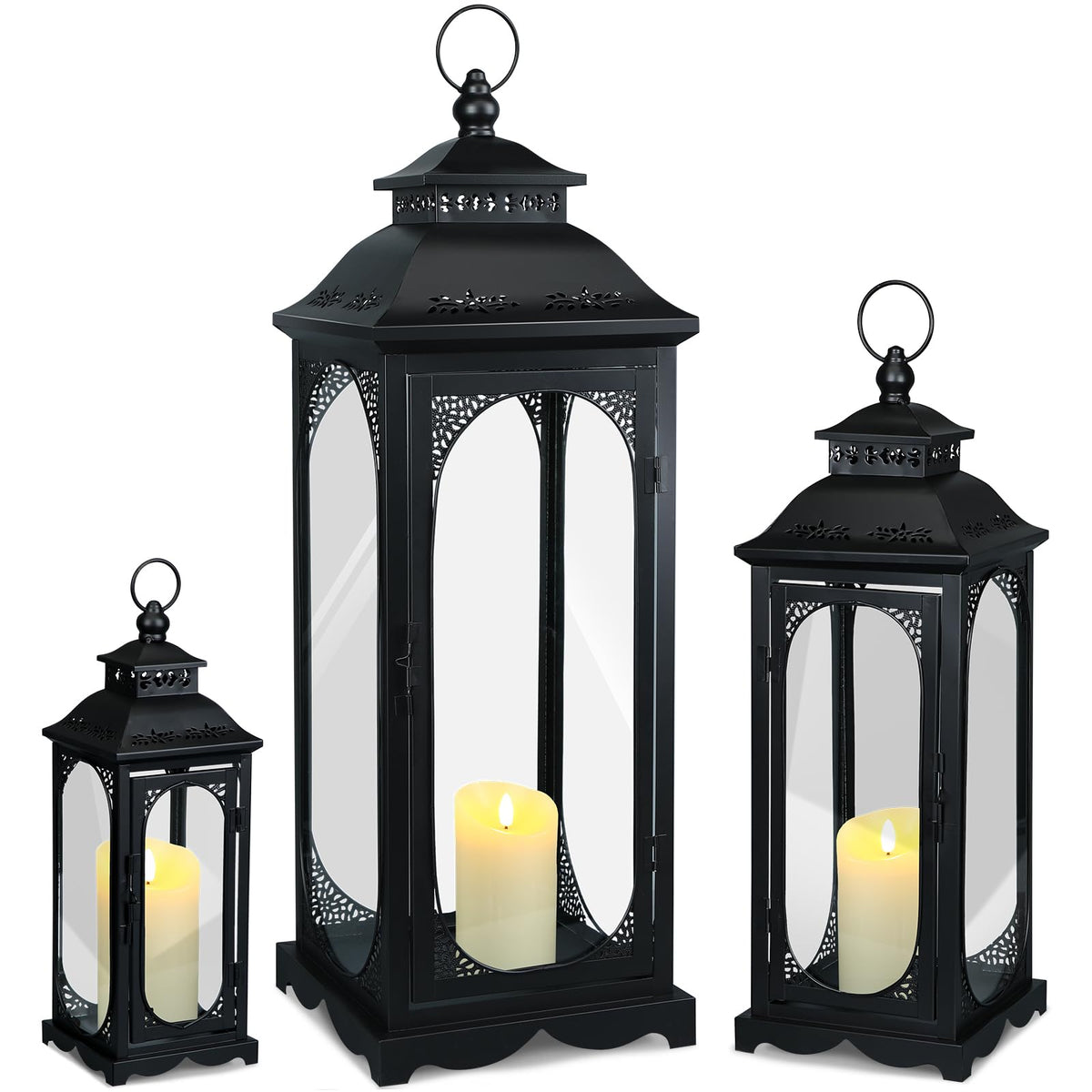 Mifoci Jumbo Black Metal Decorative Lanterns with Clear Glass Panel Hurricane Candle Lantern for Home Decor Party Event Tabletop Front Porch Wall Hanging Indoor Outdoor(3 Pcs,28'' 20'' 14'')