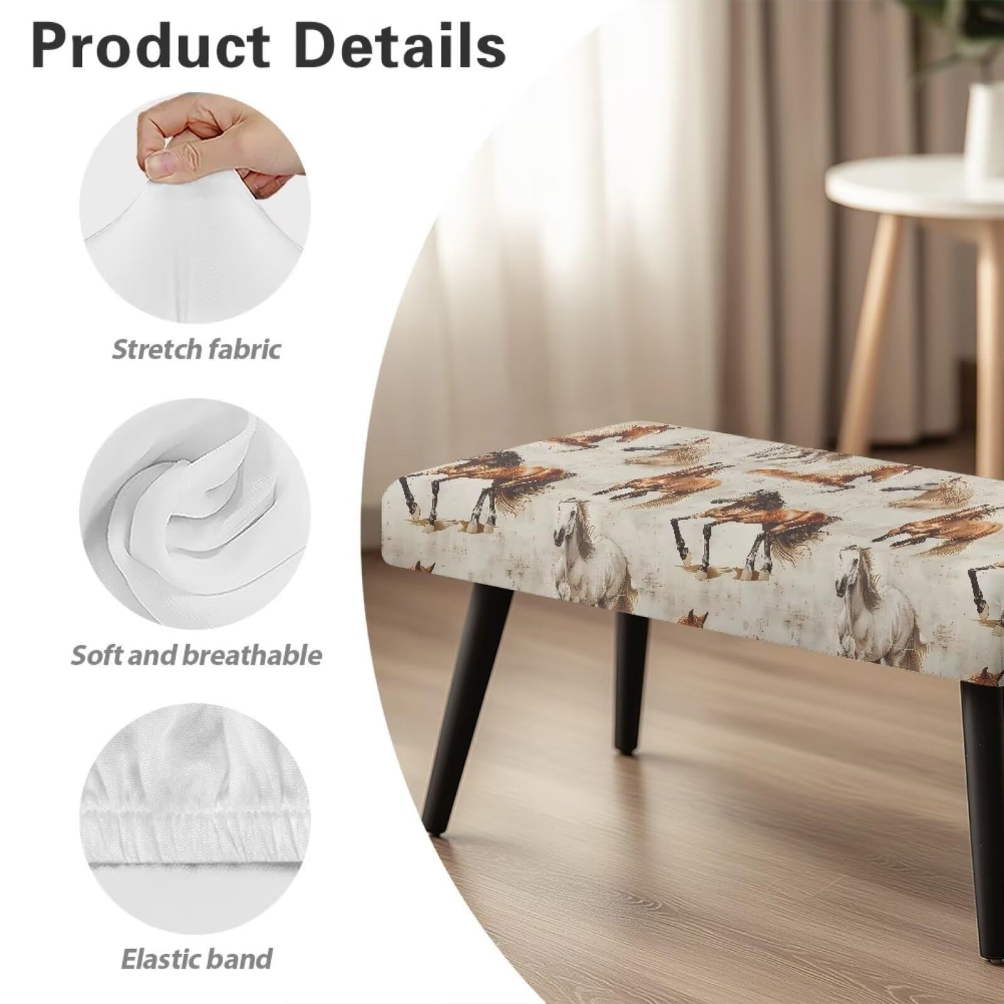 Cugasmaru Horse Dining Bench Covers Seat Cushion Protector Easy to Install Elastic Chair Covers for Dining Room Living Room Kitchen