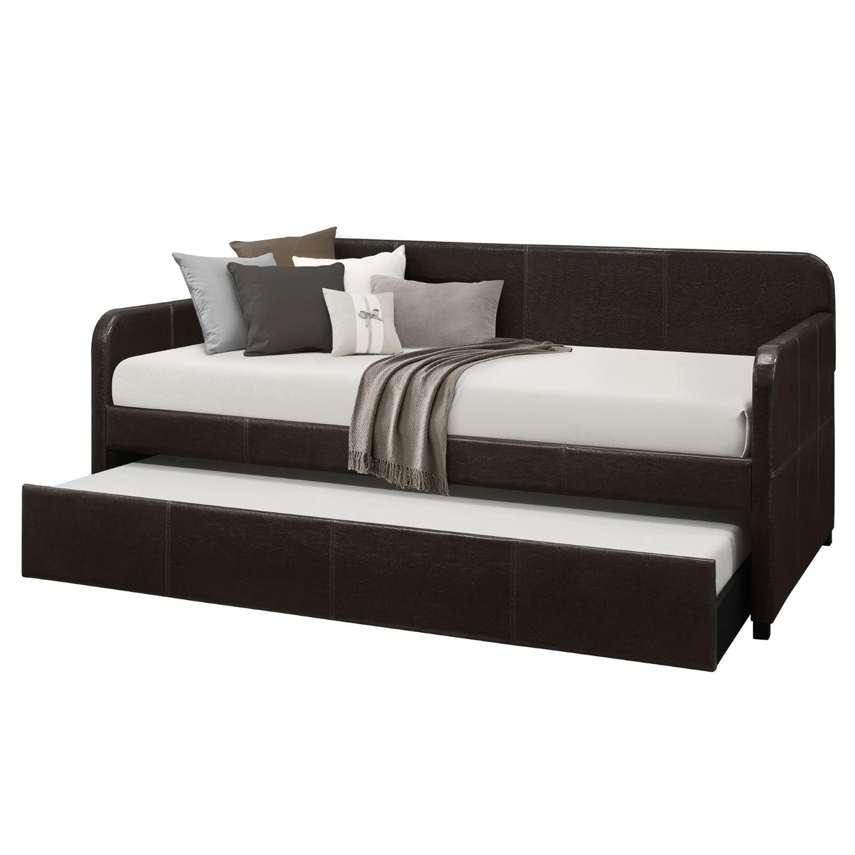 HOME DESIGN Tiara Twin Daybed with Pull-Out Trundle, Upholstered Frame, Solid Wood Legs, Casual Design, Dark Brown