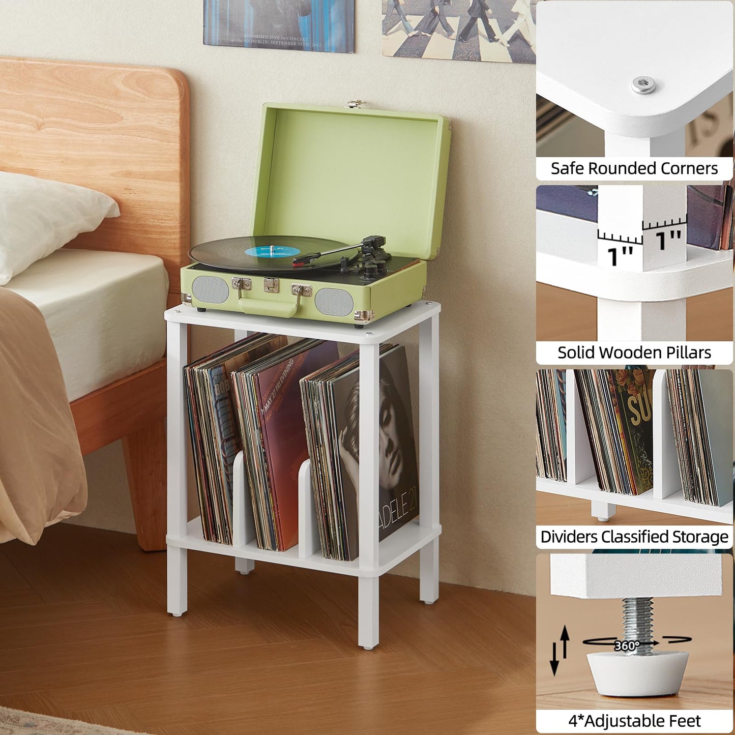 LELELINKY 2-Tier Record Player Stand with Vinyl Record Storage up to 100 Albums, Bedroom Record Holder and Multi-Functional End Table for Living Room, White