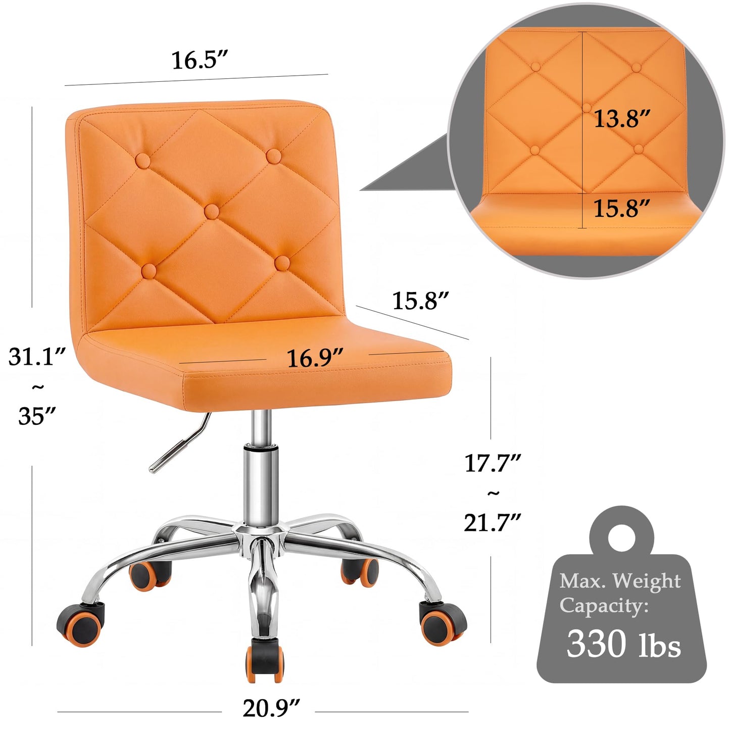 VECELO PU Leather Mid-Back Armless Vanity Chair Adjustable Height 360° Rolling Swivel for Home Office Work