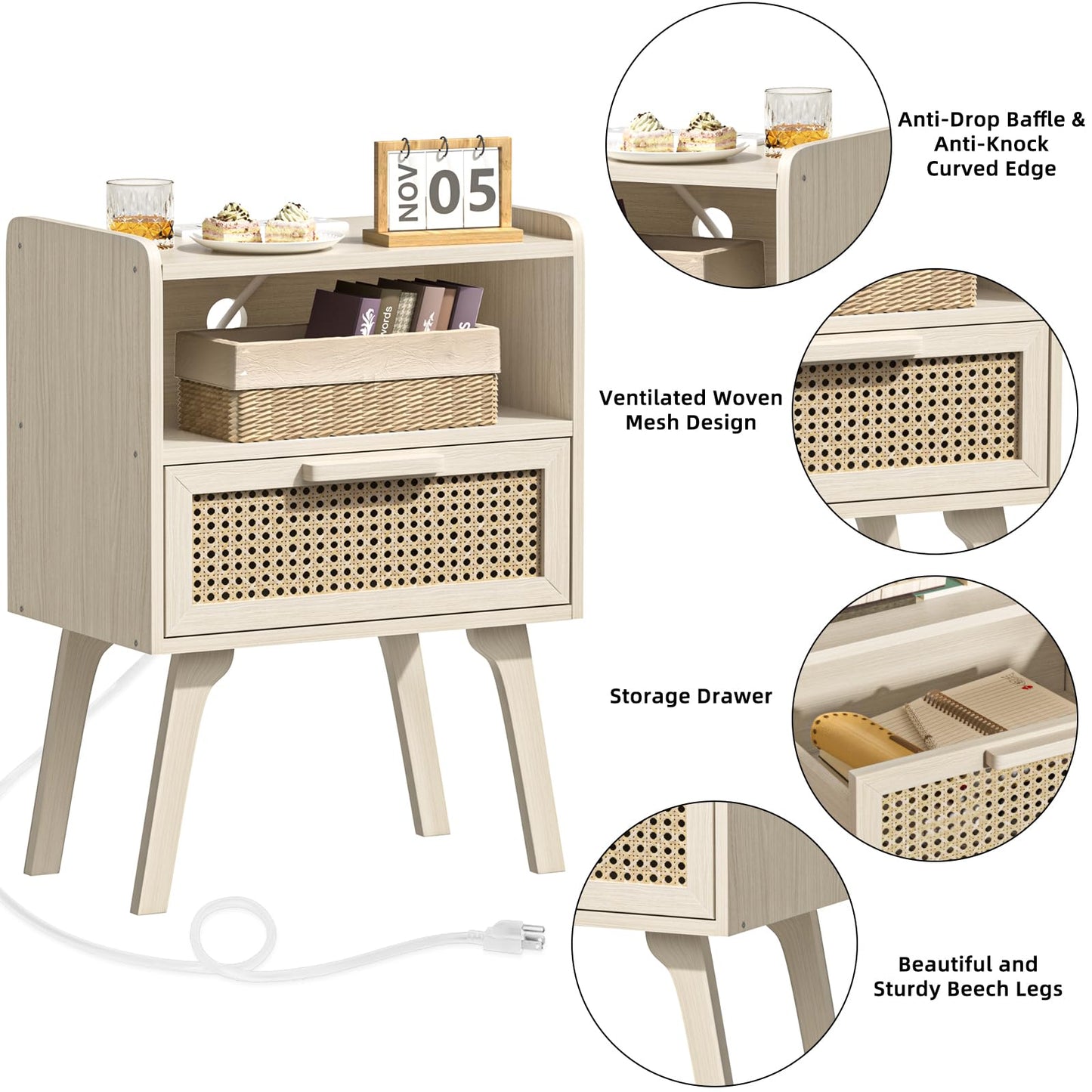 Lerliuo Rattan Nightstand with Charging Station, Side Table with Drawer Open Shelf, Cane Accent Bedside End Table with Solid Wood Legs, Night Stand for Bedroom, Dorm and Small Spaces (Grey White)