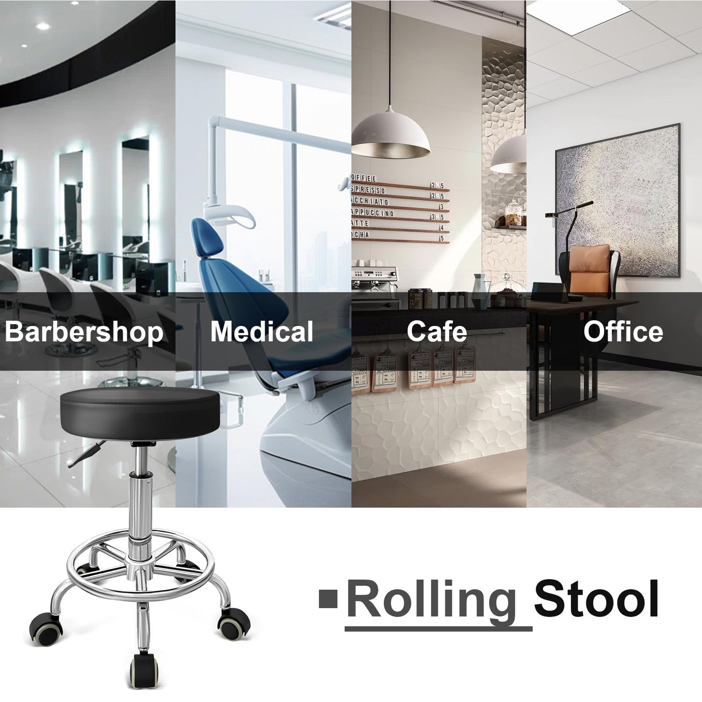 DENGTELI PU Leather Rolling Stool with Foot Rest Round Height Adjustment Swivel Spa Drafting Salon Tattoo Work Office Massage Vanity Stools Task Chair (Black)