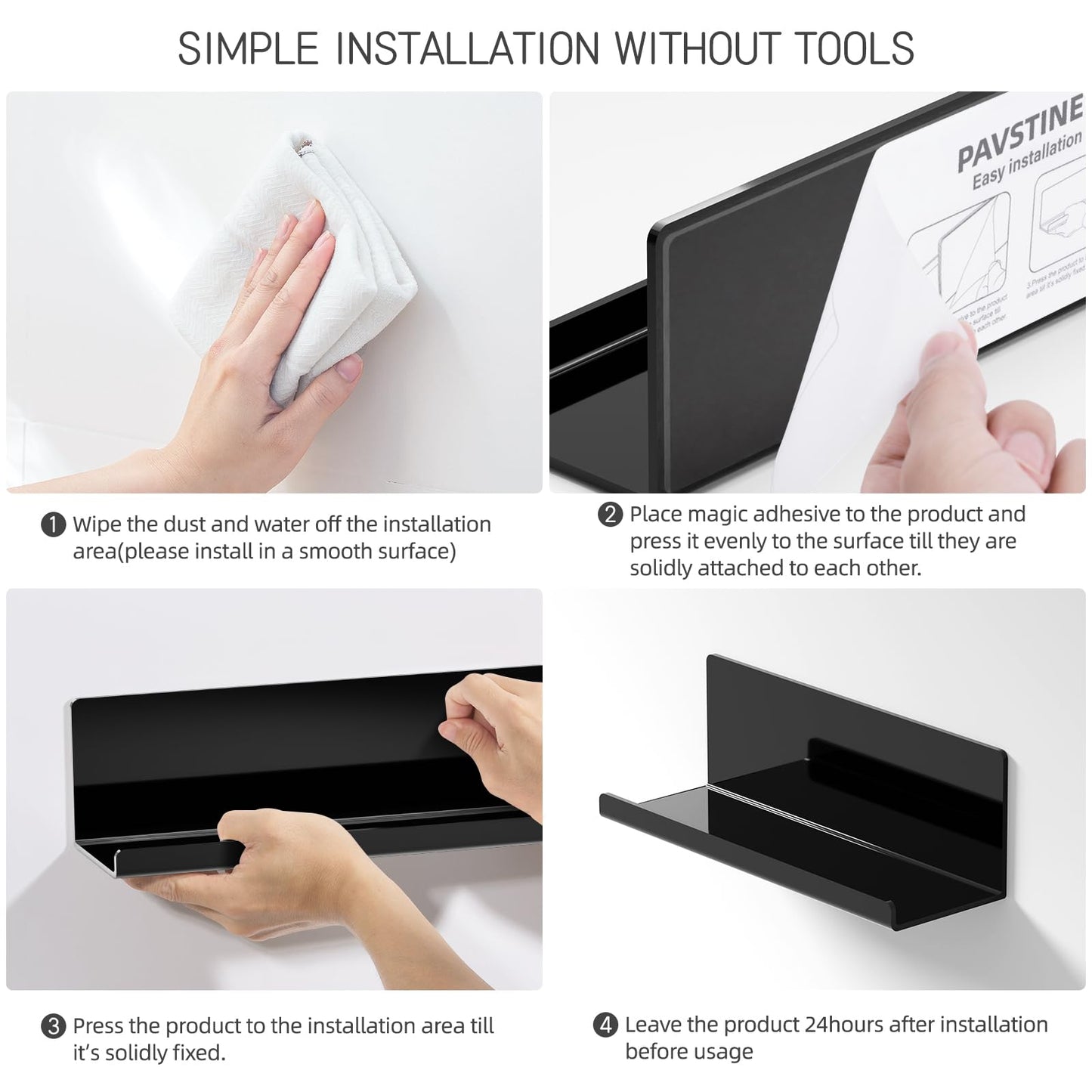 PAVSTINE Acrylic Floating Shelves for Wall No Drilling, Self Adhesive Space-Saving Shelves, 12 Inch Floating Shelf Stick on Wall Shelf, for Bathroom, Kitchen, Bedroom, Office, Gaming Room, Black