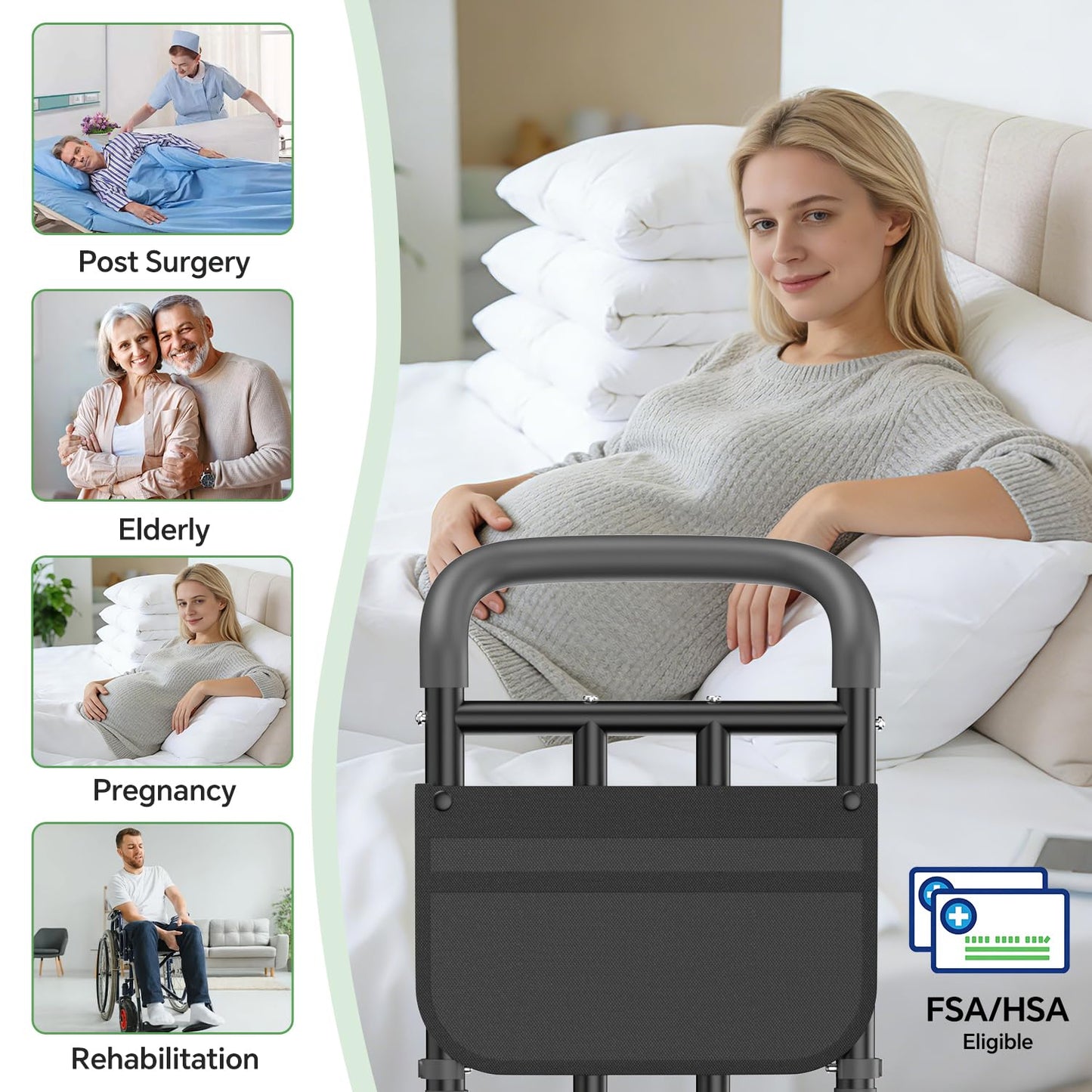 Bed Rails for Elderly Adults Safety with Ergonomic Padded Handle, ASTM Approved Adjustable Bed Assist Rail for Seniors, 400lb Weight Capacity, Fixing Strap&Storage Pocket, Fits Twin/Full/Queen/King