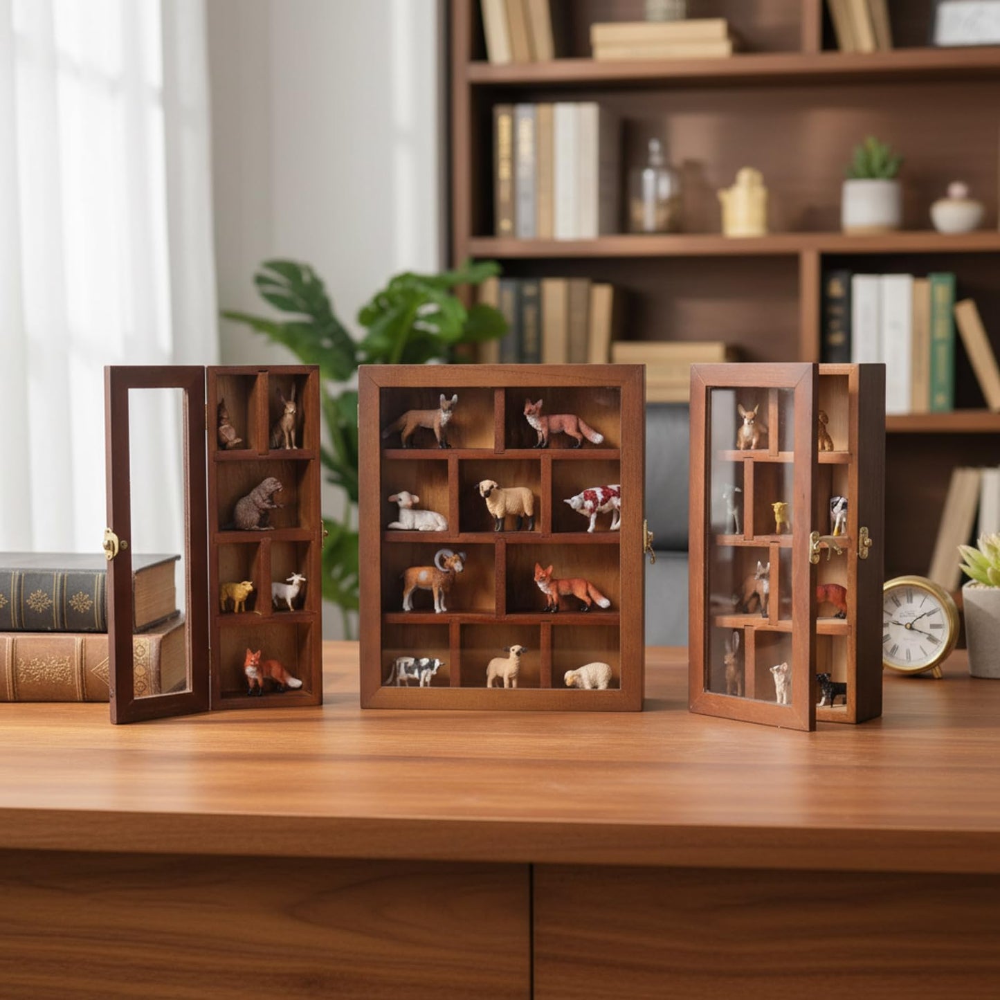 DoubleFill Wooden Trinket Display Shelf Shadow Box with Shelves Large Wall Mounted Display Storage Mini Figures Curio Trinket Medals Crafts Collections(Brown)