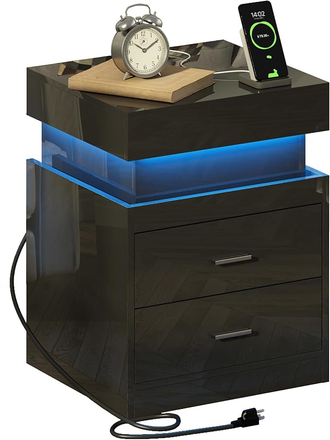 ChooChoo LED Nightstand with Charging Station, Smart Night Stand with Sliding